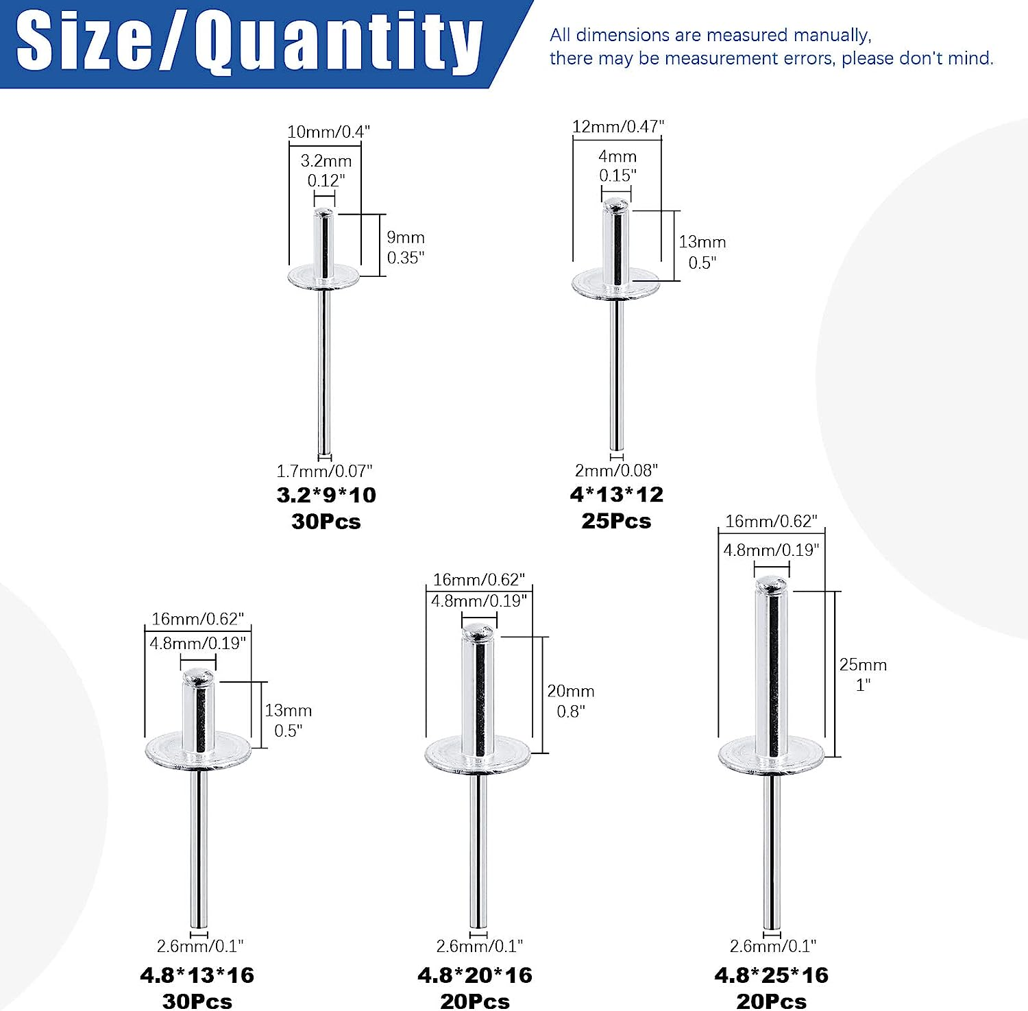 Glarks 125Pcs 5 Sizes Large Flange Aluminum Blind Rivets Pop Rivets Assortment Set for Joining Metal Plate Pipe Automotive image number 2