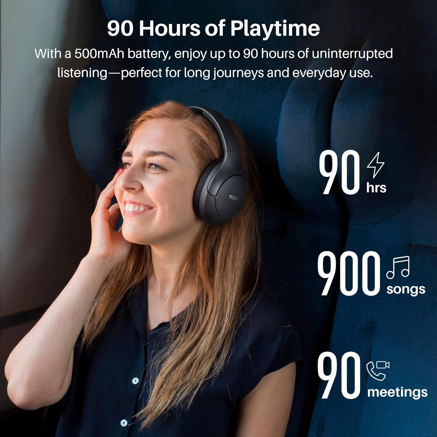 TOZO HT3 Hybrid Noise Cancelling Headphones, 90H Playtime Wireless over Ear Bluetooth Headset, Spatial Audio AI Chat with 5 Mics, Supports Dual Connection and USB-C Input, with 32 EQ Music Modes image number 3