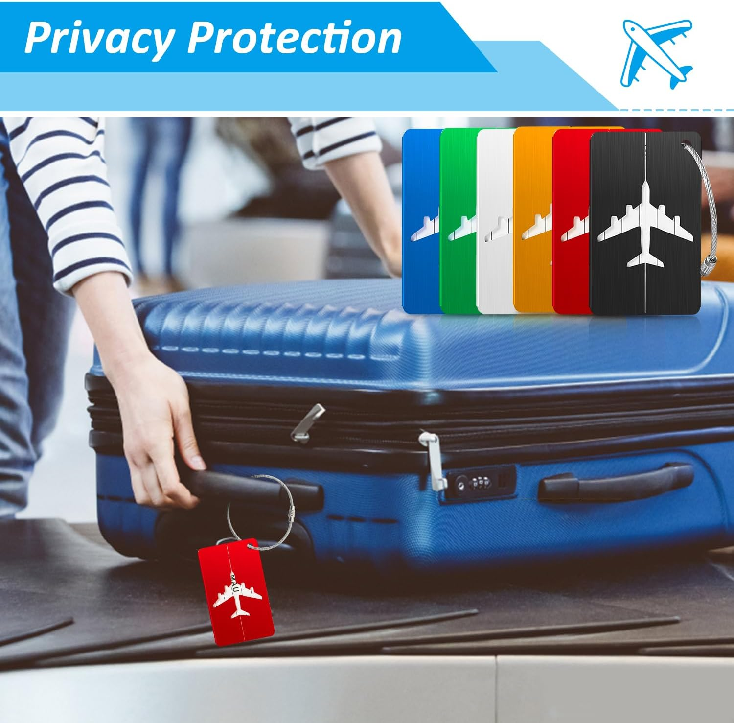 Luggage Tags for Suitcases Aluminum 6 Pack with Stainless Steel Loop, Suitcase Tags with Name ID Card Perfect to Quickly Spot Travel Essentials Backpacks Bags Baggage image number 2