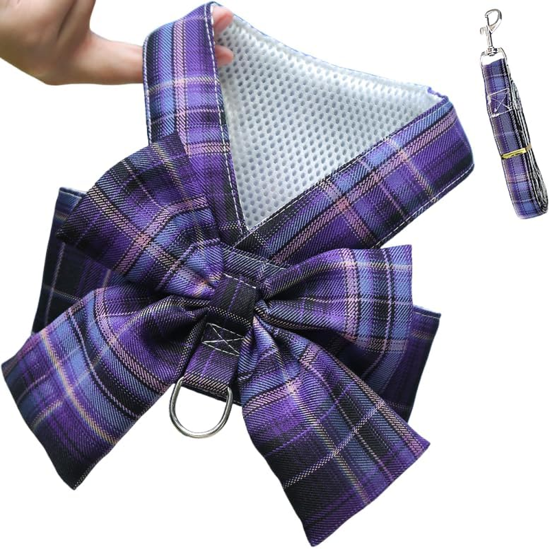 Dog Harness and Leash Set, Cute Bow Tie Plaid Harnesses for Puppy Cat, Adjustable Pet Kitties Vest, Breathable Harness Traction Rope for Small Animal (Purple, XS) image number 4