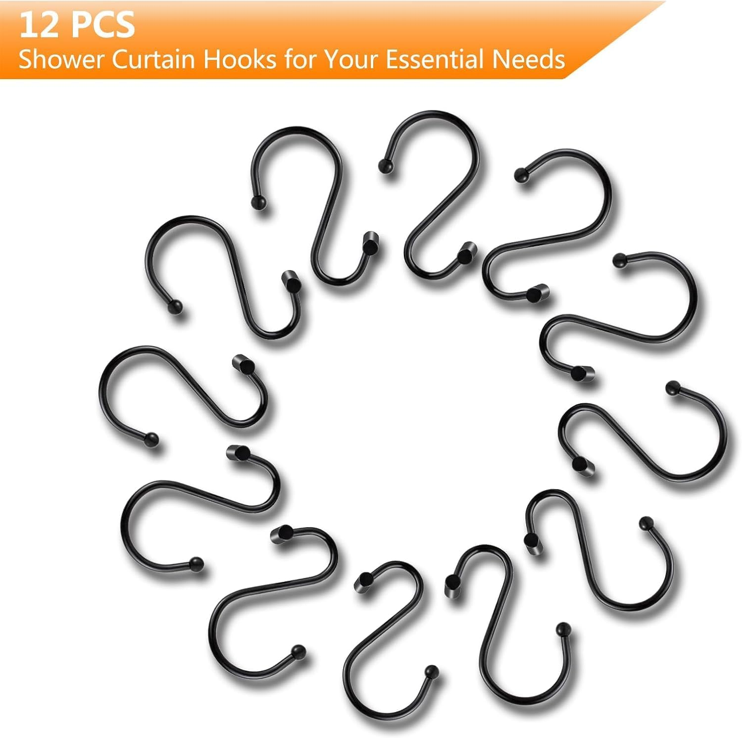 12 Pack Shower Curtain Hooks,Black Shower Curtain Hooks, Metal Durable Rust Proof, Smooth Glide S Hook for Bathroom, Shower Hook for Spa Center, Kitchen & Wardrobe S Hooks for Hanging (Black) image number 4