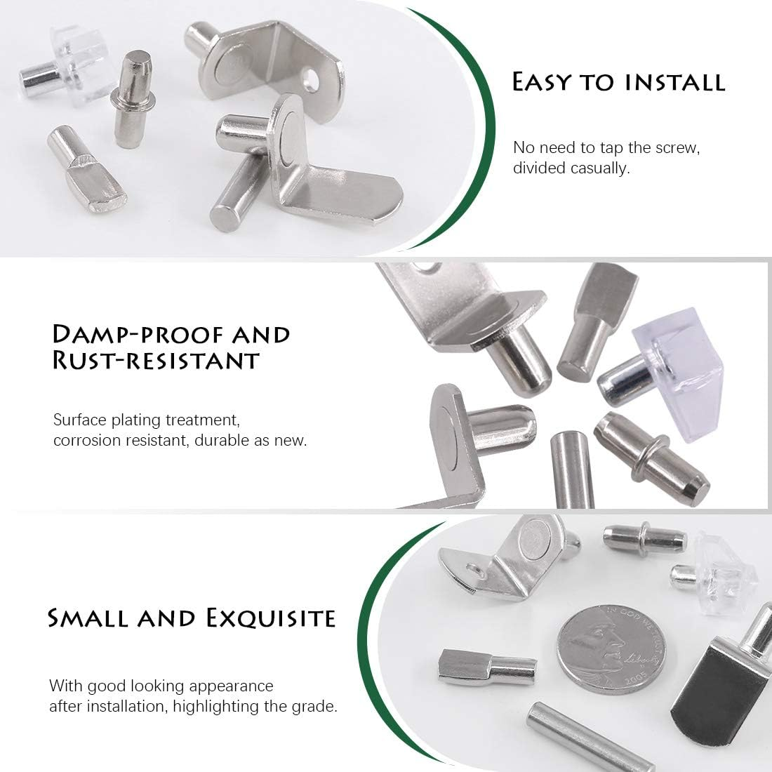 Keadic 160Pcs Hardware Heavy Duty Shelf Pin Kit, 5 Styles Cabinet Support Pegs Holder Metal Nickel (5Mm) image number 6