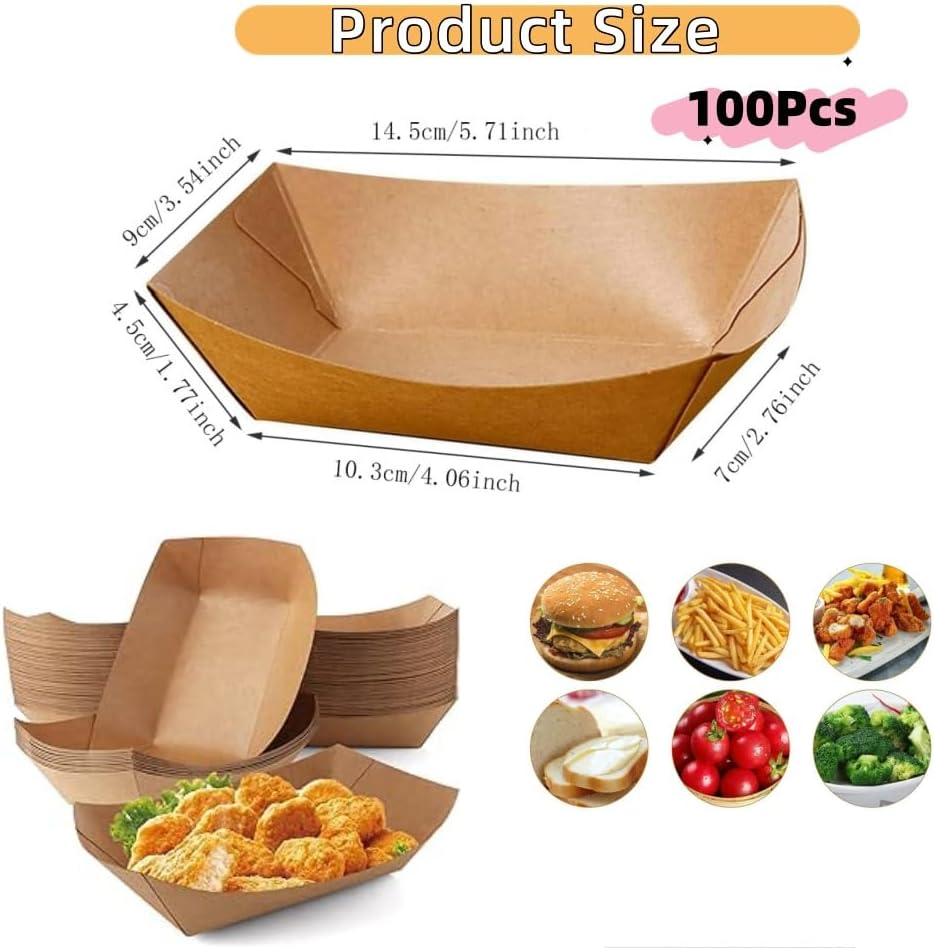 100 Pack Kraft Paper Food Trays, Paper Food Boats,Brown Paperboard Serving Basket Tray for French Fries Nachos Snack Hot Dog Taco BBQ Popcorn Party Picnic Wedding Party image number 1