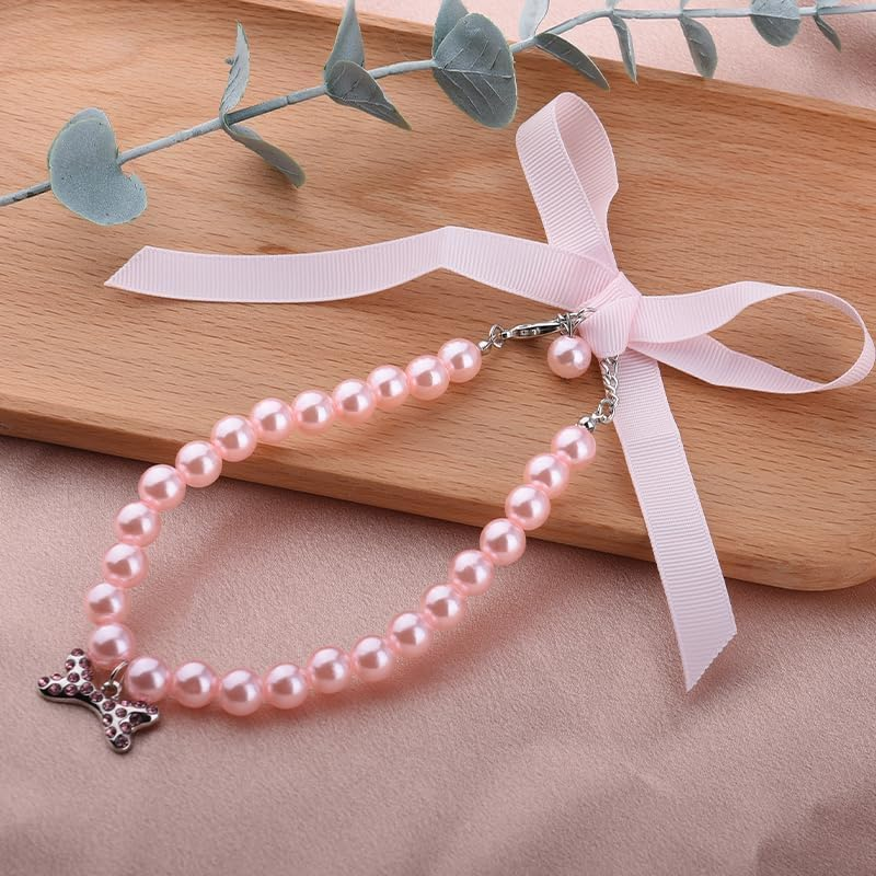 Dog Accessories for Girls Pearl Collar Necklace for Dogs Cats Coquette Bow Pearl Dog Necklace Collar Jewelry for Wedding Birthday Party Diamond Pearls Necklace with Rhinestone Bone for Dog (Pink, L) image number 3
