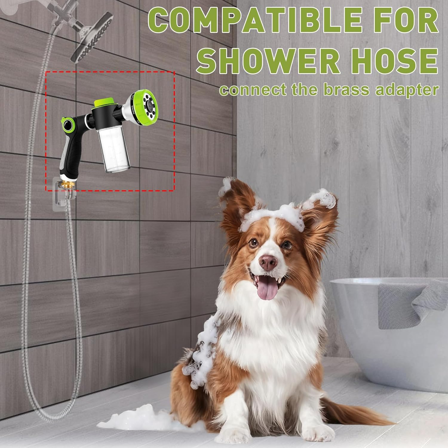 Dog Washing Hose Attachment, Dog Sprayer with 3.5Oz/100Cc Soap Dispenser Bottle, Massage Brush, Solid Brass Garden Hose Adapters, Garden Hose Nozzle for Pet Bathing, Car Washing - Green image number 2