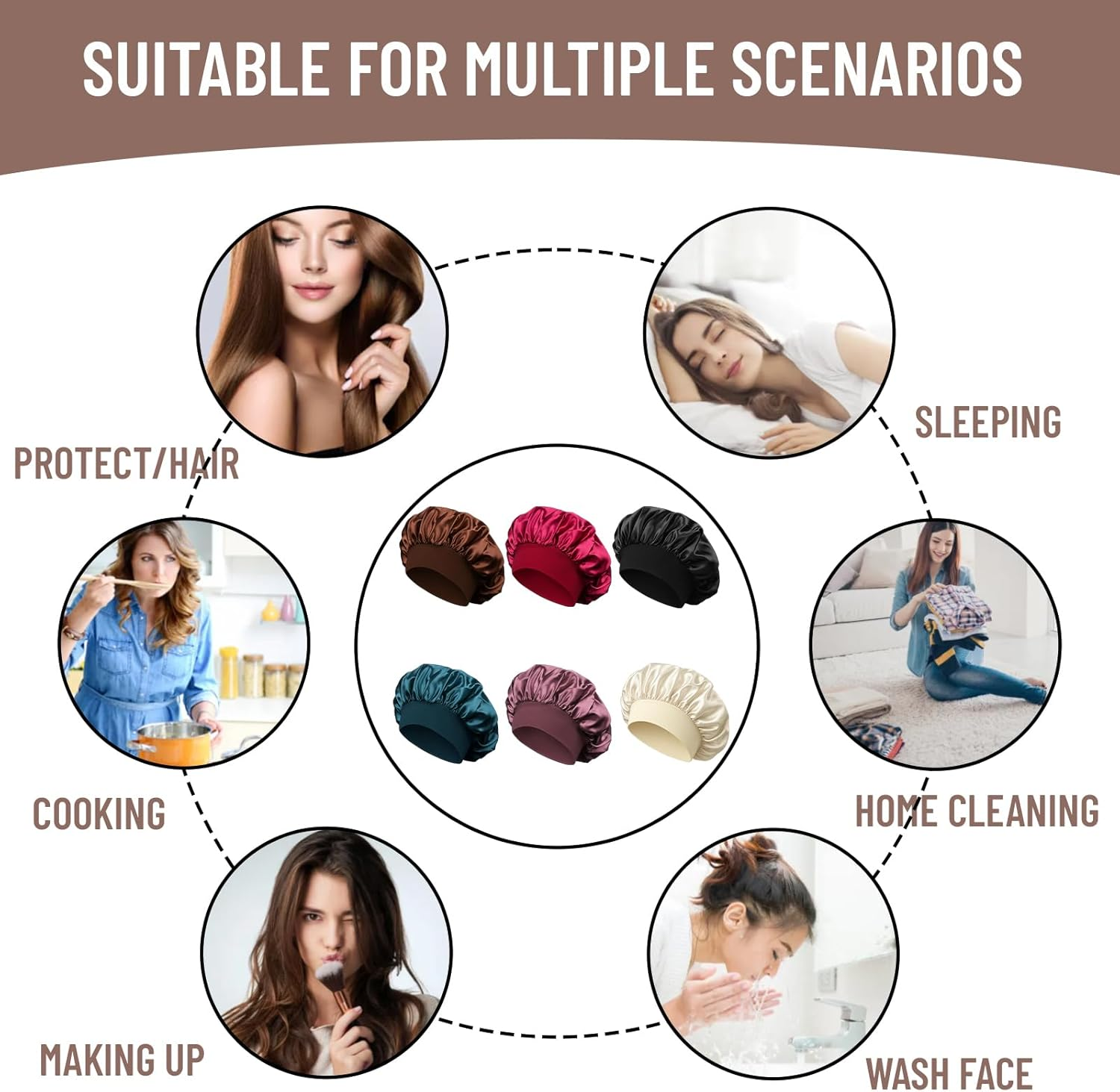 Bonnet Silk Sleep Cap, Set of 6 Hair Caps for the Night, Soft Satin Hood for Sleeping, Black, Wine Red, Blue, Dark Brown, Pink, Beige image number 1