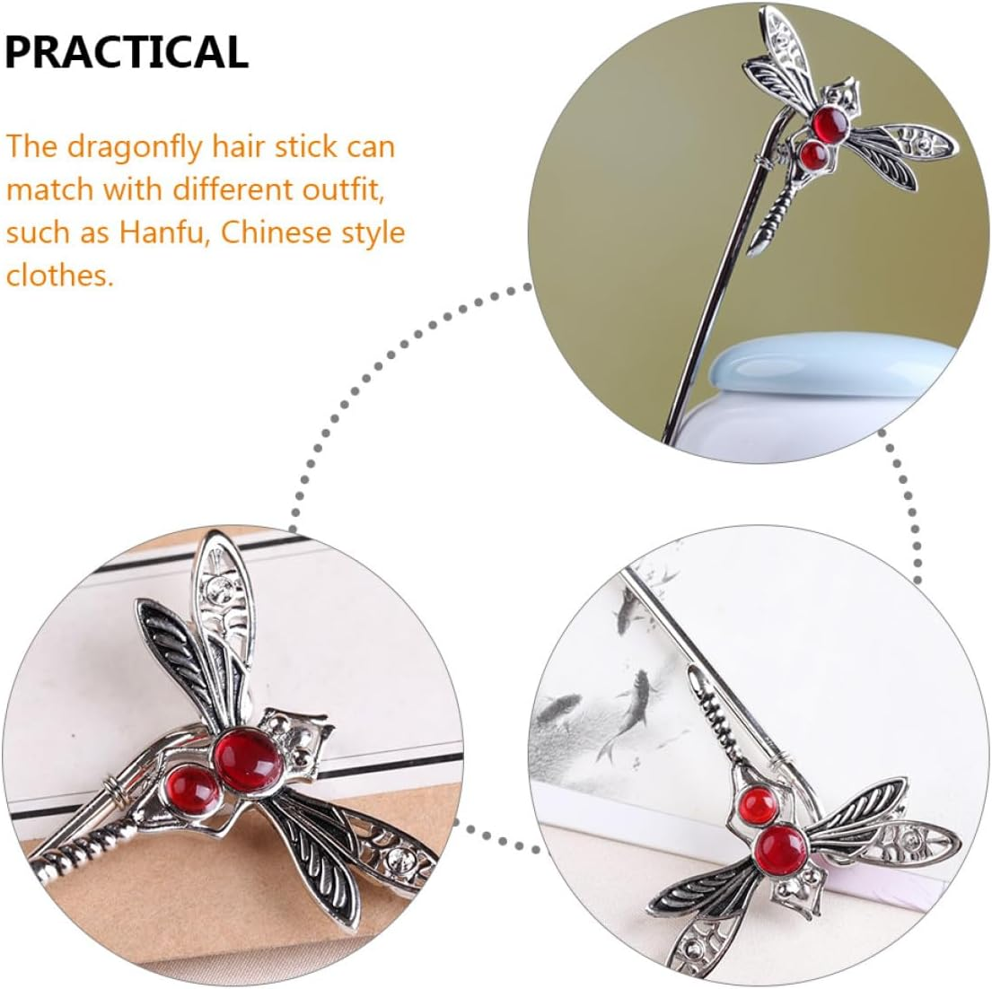 IMUSINICE White Gold-Plated Dragonfly Hair Stick with Pearl and Agate Hair Chopsticks Suitable for Hanfu image number 2