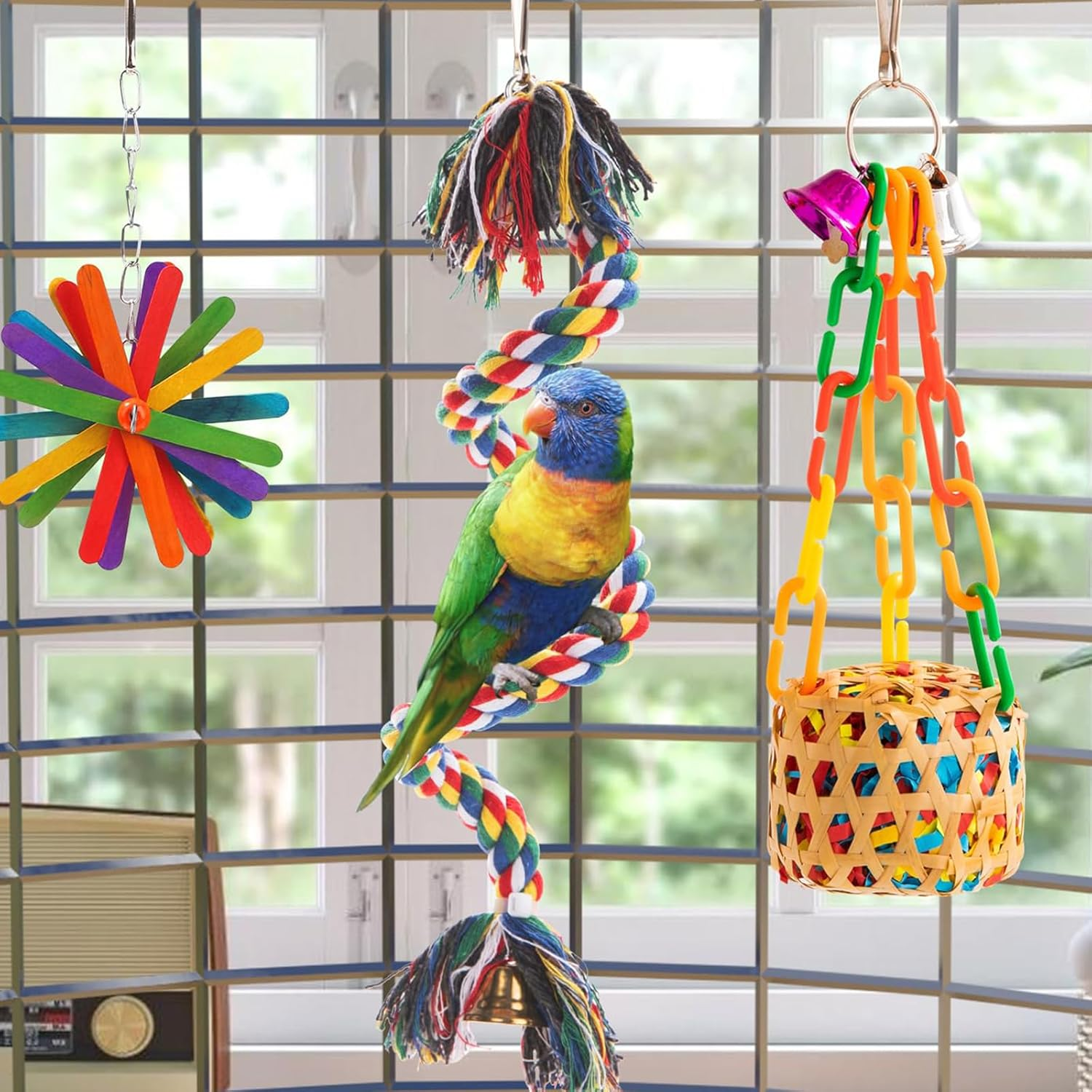 Velmoriah 5PCS Colorful Bird Toys for Parakeets, Parrot Chewing Shredding Foraging Toys Rope Perch with Bells, Bird Swing Climbing Standing Hanging Toys for Conure Cockatiel Budgies Lovebird image number 5