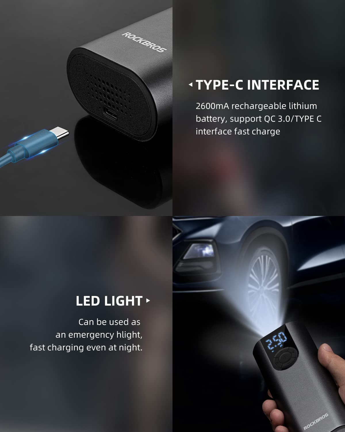 ROCKBROS Portable Air Pump 150PSI Mini Electric Tire Pump Inflator 5 Modes Cordless Air Compressor with 2*2600 Mah Rechargeable Lithium Battery Portable Tire Pump with LED Light for Bike Motorcycle Car Tires Balls Inflatables image number 2