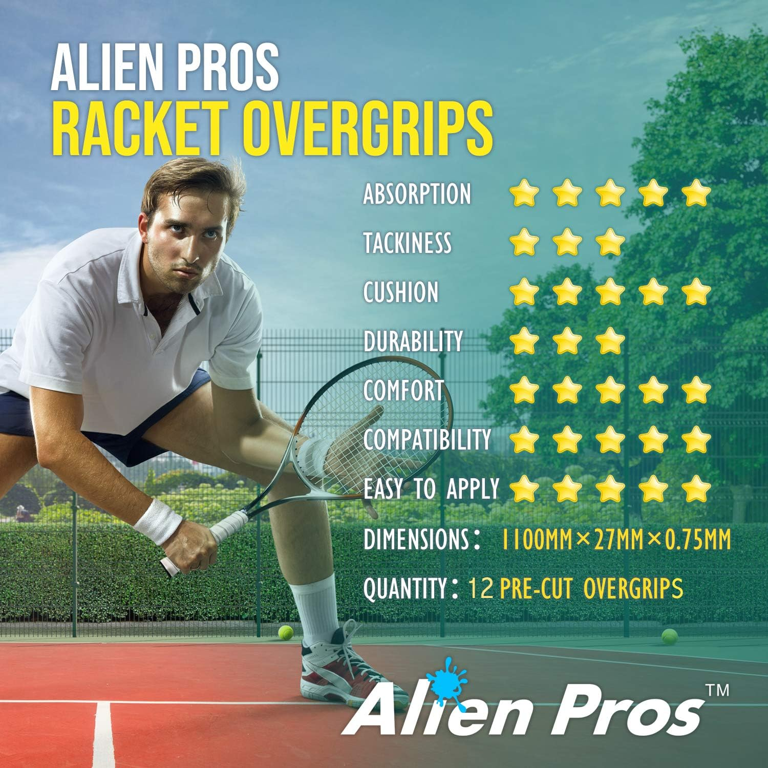 Alien Pros Tennis Racket Grip Tape (1/12 Grips) - Precut and Dry Feel Tennis Grip - Tennis Overgrip Grip Tape Tennis Racket - Wrap Your Racquet for High Performance (1/12 Grips) image number 4