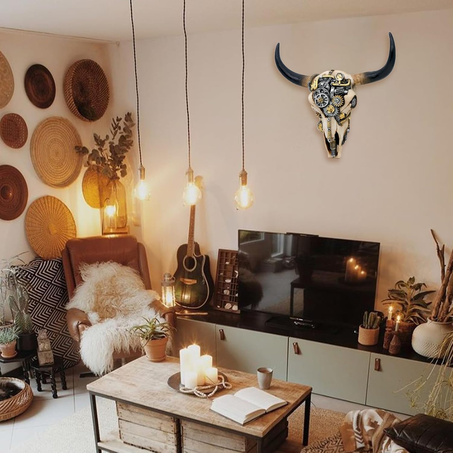 Alikiki Steampunk Cow Skull Wall-Decor - Western Bull Head Skull Wall Sculpture 3D Animal Head Wall Art Hanging Decor for Living Room Bedroom Kitchen Gift Modern Decoration image number 3