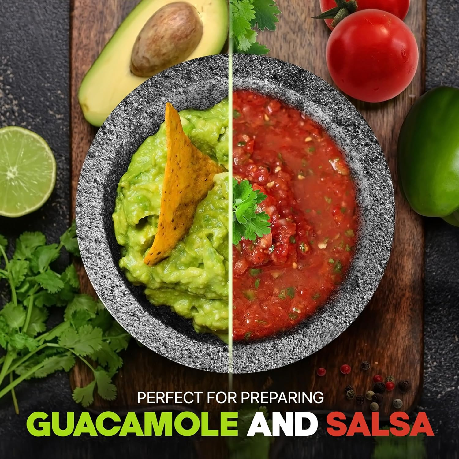 Granite Mortar and Pestle Set Guacamole Bowl Molcajete 8 Inch - Natural Stone Grinder for Spices, Seasonings, Pastes, Pestos and Guacamole - Extra Bonus Avocado Tool Included image number 1