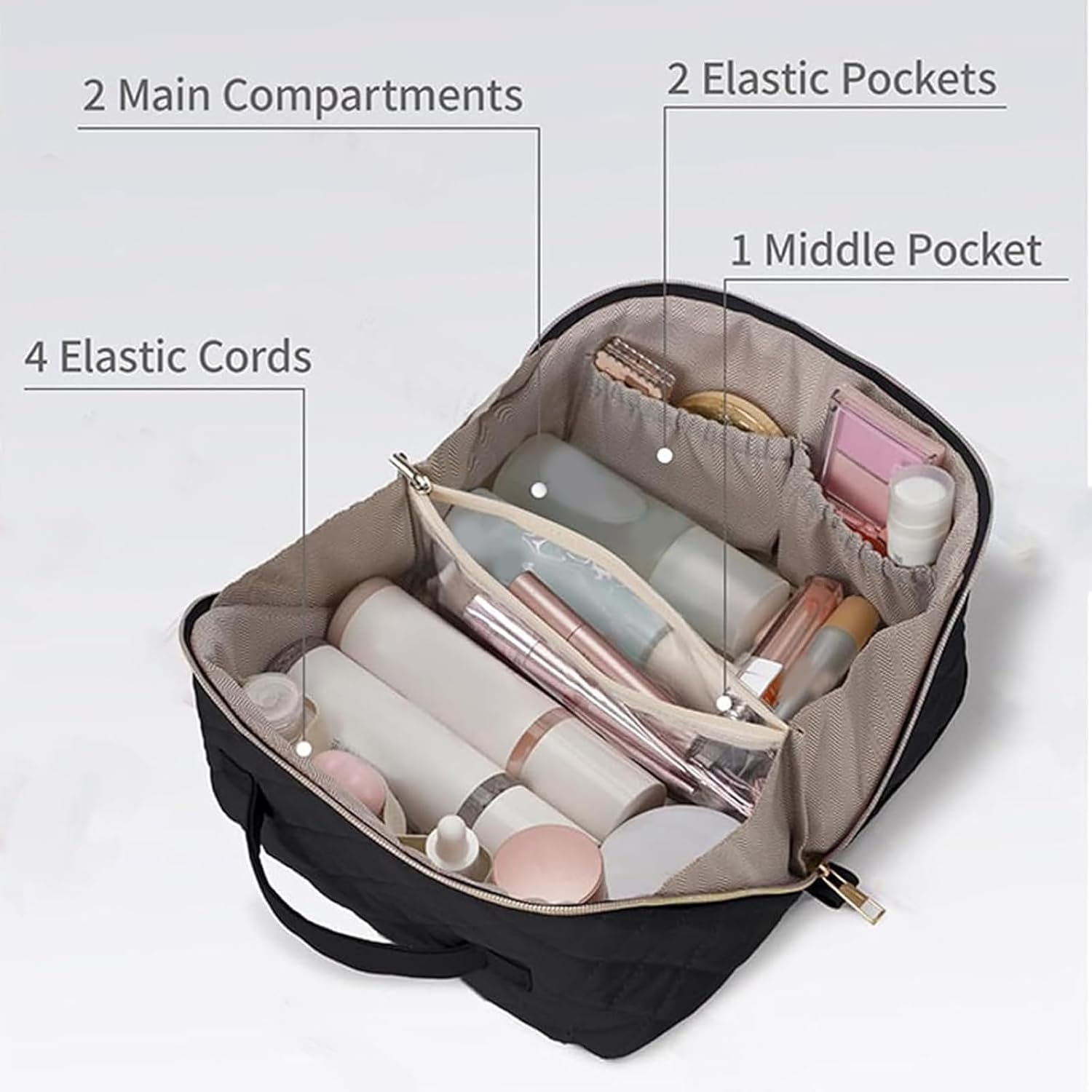 Petition Makeup Bag for Woman, Wide Open Lay-Flat Water-Resistant Cosmetic Case, Expandable Makeup Bag, Pouch Open Flat Small Toiletry Bags, with Brush Compartment, Handle (Blue) - Blue image number 4