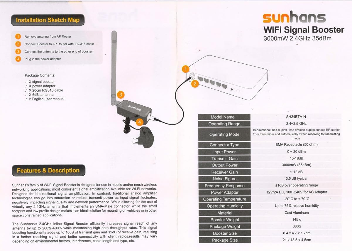 Sunhans Indoor Wifi Signal Booster SH24BTA-N 2.4Ghz 3000Mw 35Dbm 802.11B/G/N Drone Singal Extender Wifi Amplifier for Router, IP Camera, UAV, IP Cameras, RC Equipment image number 5