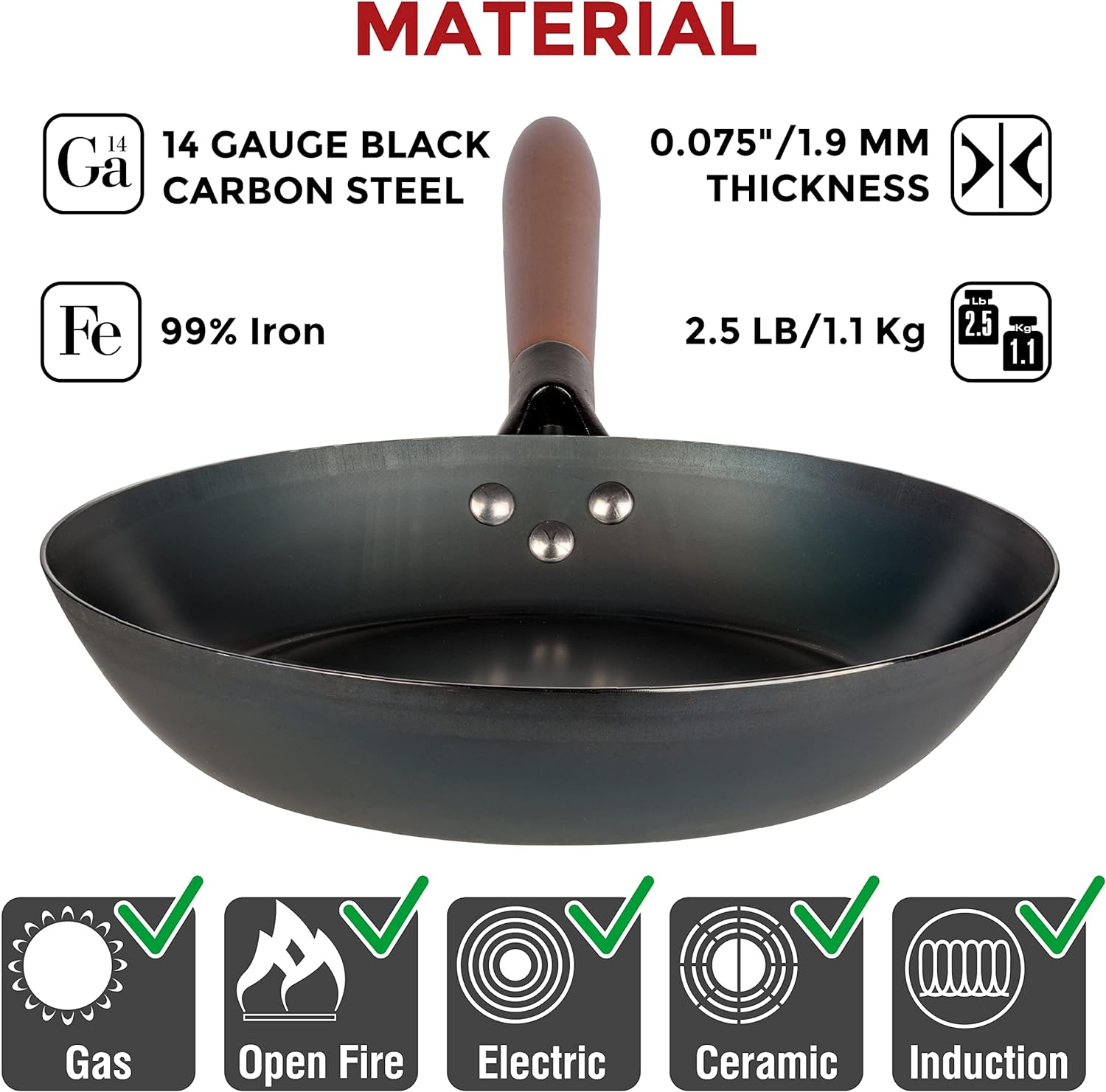 No Coating Carbon Steel Pan - Durable 26 Cm Frying Pan - 26 Cm Pans for Cooking Healthy and Delicious Meals - Carbon Steel Pan with Removable Heat-Resistant Wooden Handle - Easy to Clean Fry Pan&hellip; image number 1