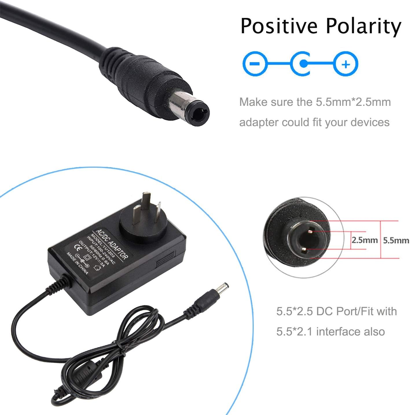 12V 3A Power Adapter, Cfsadapter AC 100V-240V to 12V 3A Power Supply Adapter AC to DC 5.5Mm X 2.5Mm 36W Switching Charger for LCD Monitor, Wireless Router, CCTV Cameras