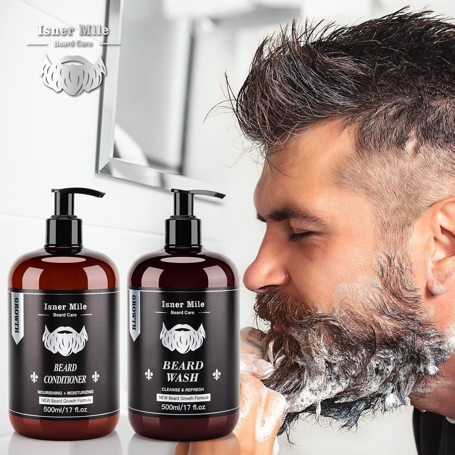 ISNER MILE Beard Wash and Conditioner Set 17 Oz New Formula with Biotin Argan & Jojoba Oils Smooth Soften Strengthen Shampoo with Oil Gifts for Men image number 4