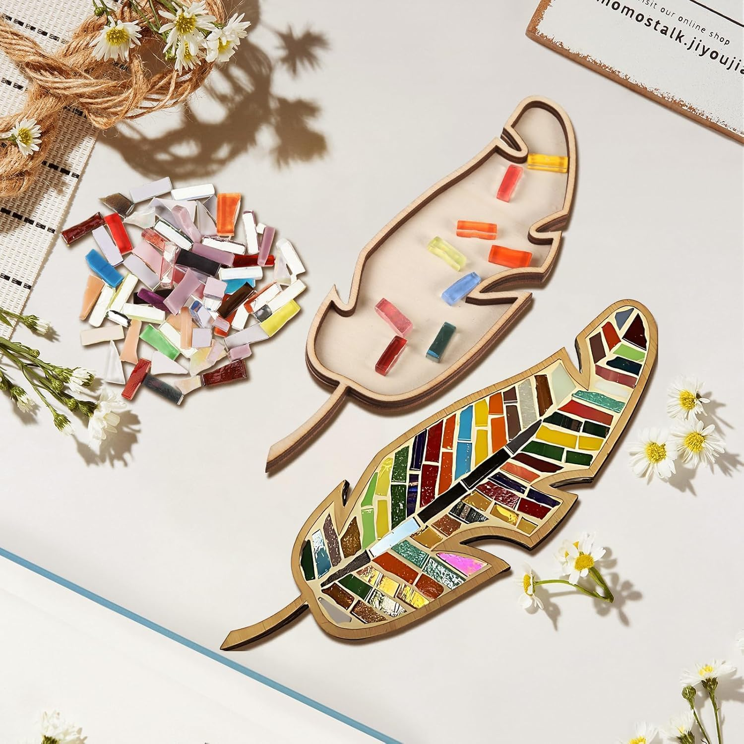 Mixed Colour Leaf Mosaic Kit, Creative DIY Colourful Home Decoration Mosaic Tiles for Crafts, Kits for Adults Glass Pieces Kit Making Supplies Puzzle image number 1