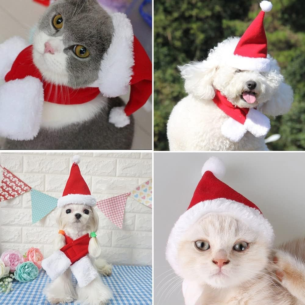 XIMISHOP Pack of 2 Christmas Cat Dog Costume with Red Christmas Hat and Scarf Decoration Christmas Costume Cat Clothing Dog Clothing for Christmas Outfit Cosplay Party image number 4