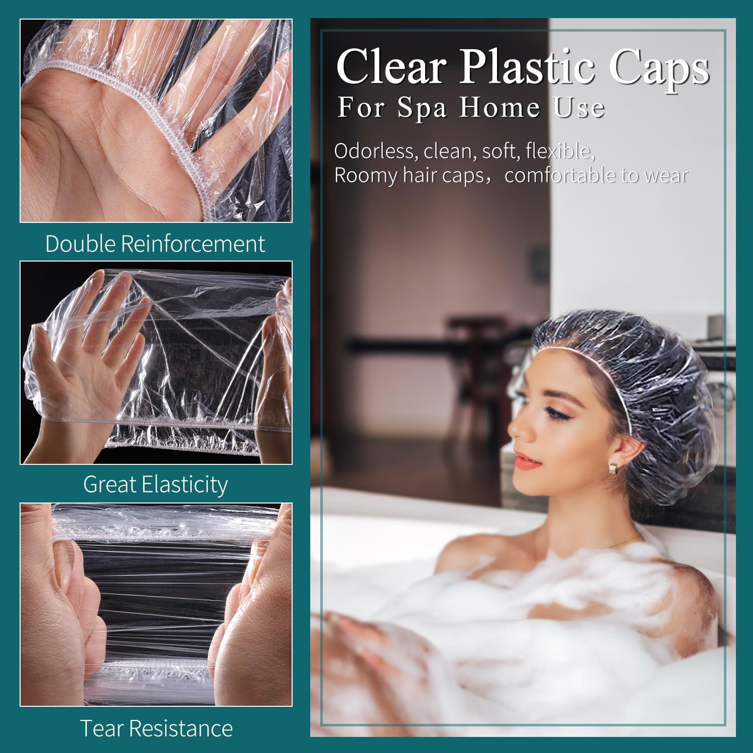 MORGLES Shower Caps Reusable Waterproof, 100 Pcs Disposable Plastic Shower Caps for Women Bathing, Hair Salon Home & Travel Use - 100Pcs image number 6