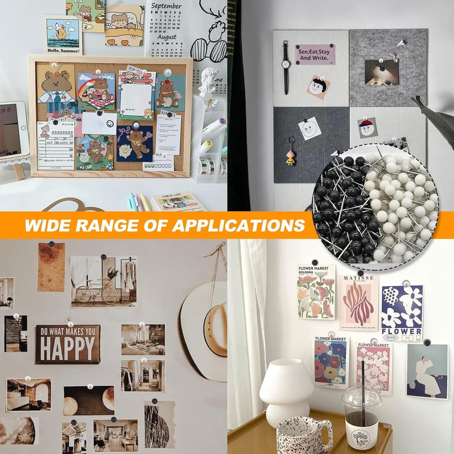 Map Tacks Small round Head Push Pins, 1000Pcs Marking Pins for Maps, Thumb Tacks with Plastic Head, Mixcolor - White, 1000Pcs image number 4