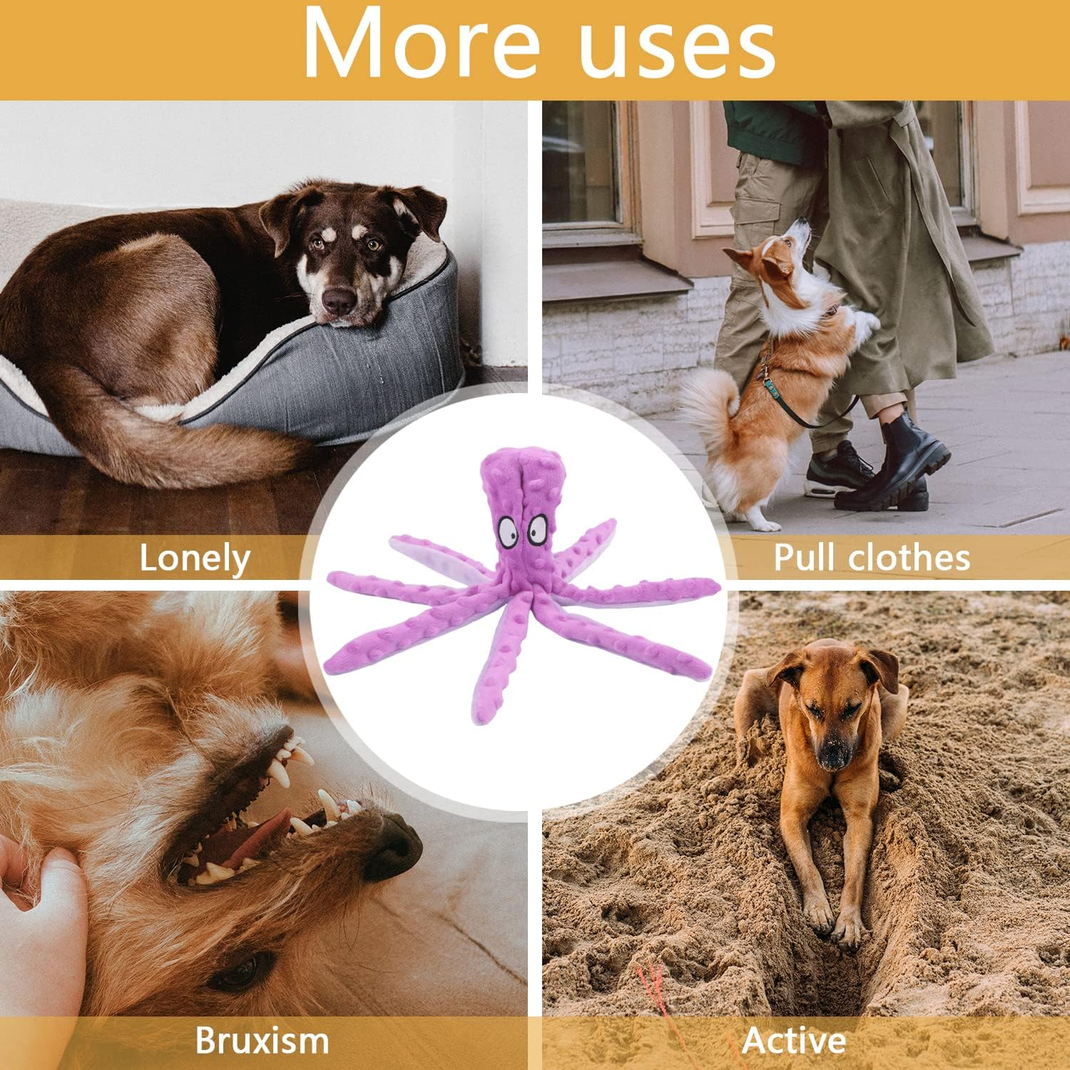 Octopus Dog Toys, No Stuffing Squeaky Dog Toys Interactive Octopus Dog Chew Toys with Crinkle Paper for Small Medium Dogs Playing and Training (Purple)