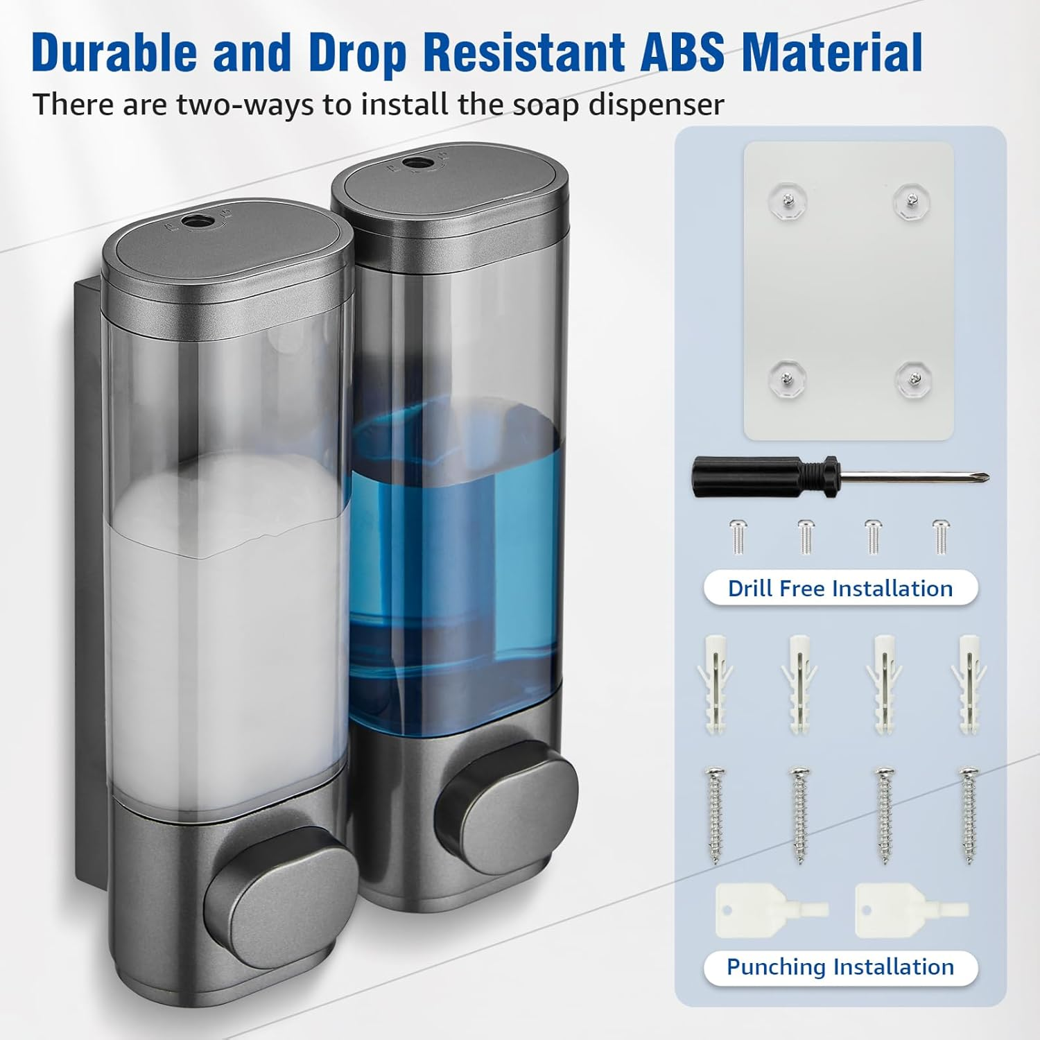 Shampoo and Conditioner Dispenser 2 Chamber No Drill, Shower Soap Pump Dispenser Wall Mounted, Body Wash Dispenser for Shower, Shower Gel Dispenser Shampoo Holder for Bathroom Accessories, Gungrey - Gungrey 2 Chamber image number 1