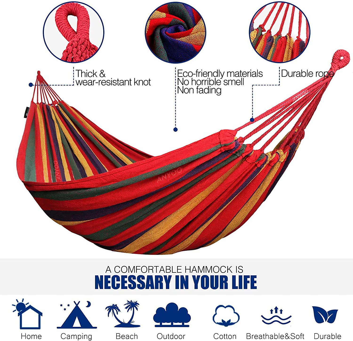 Hammock Colorful Multifunctional Camping Hammock, 8.5Ft X 5Ft Portable Double Parachute Hammock with Tie Rope Canvas Travel Hammocks for Outdoor Beachpatio Porch Garden Backyard Lounging (Red Stripe) image number 5