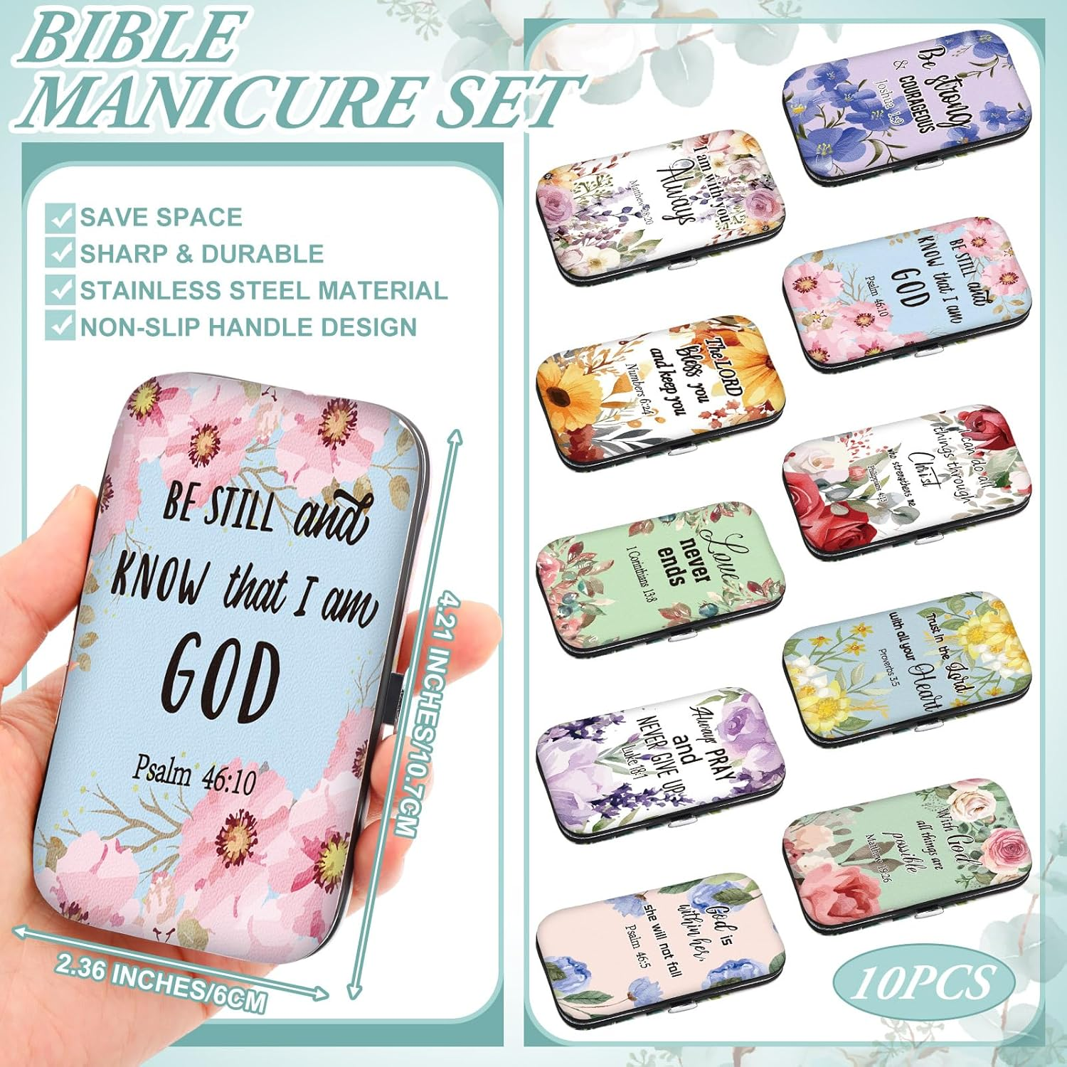 Lanties 10 Sets Christian Gifts for Women Bulk Bible Verse Scripture Manicure Sets Floral Stainless Steel Nail Clipper Set Religious Gift Personal Pedicure Kit for Employee Teacher Staff Women