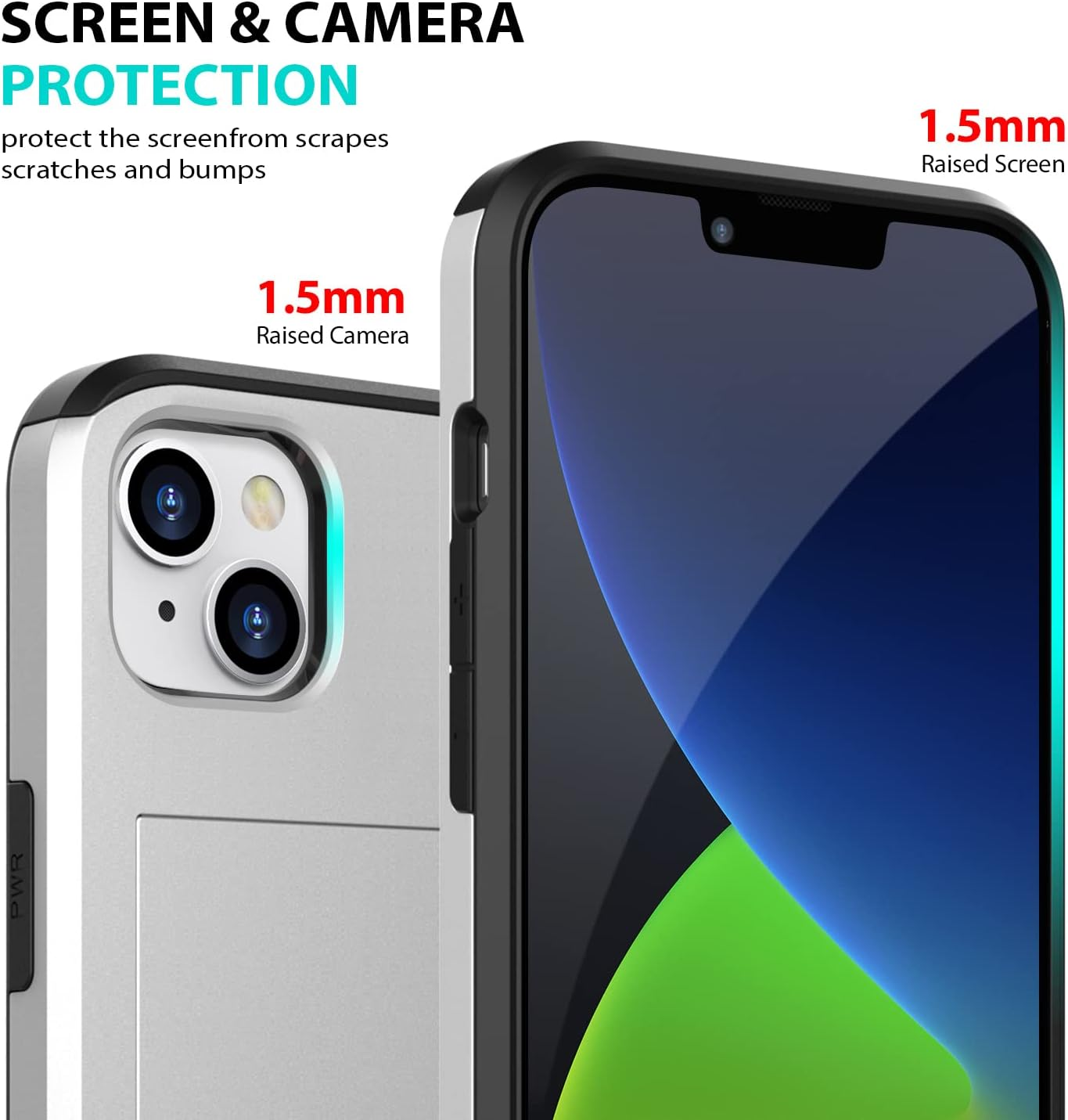 ZUSLAB Iphone 14 Case Slide Armor Card Holder Protective Shockproof Hard Back Cover for Apple - Silver - Green image number 5