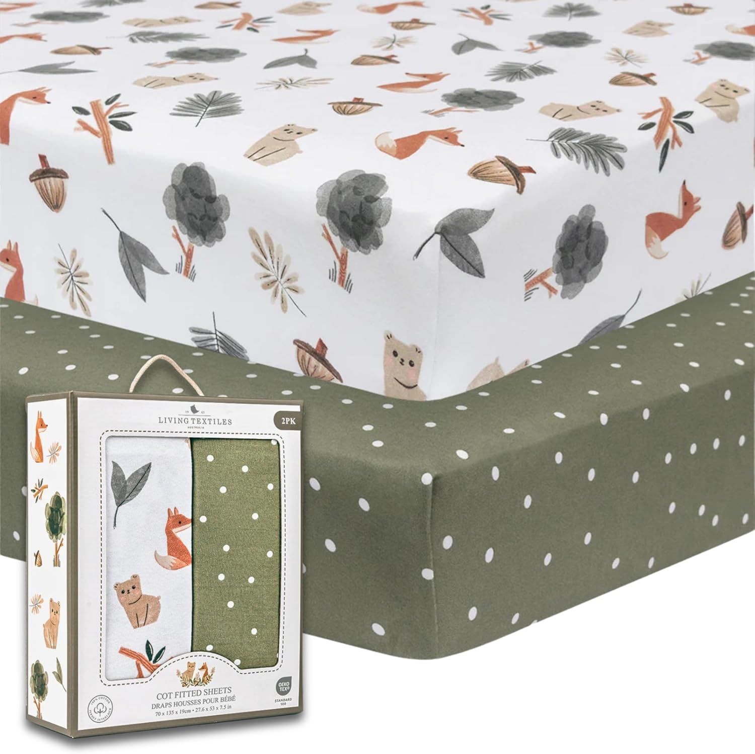 Living Textile Premium Cot Fitted Sheet 2-Pack 70X135Cm &ndash; Soft Cotton Jersey, Snug Secure Fit with Full Elastic, Breathable & Machine Washable Baby Bedding for Crib, Kids & Travel (Forest Retreat)