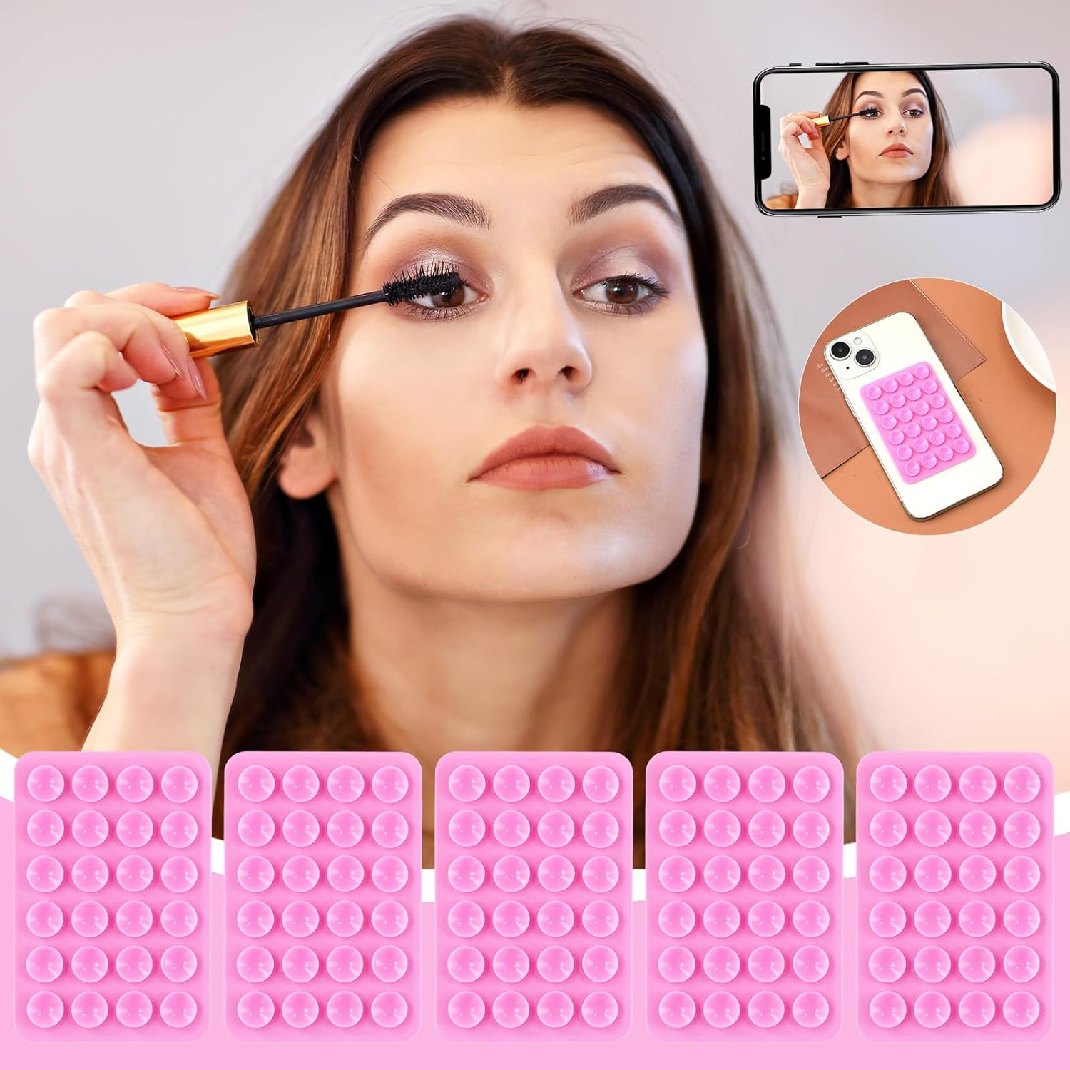 5Pcs Phone Suction Holder, Silicone Suction Phone Case Adhesive Mount with 24 Suction Cups Hands-Free Sticky Phone Grip Accessory for Selfies and Videos on Flat Surface (Pink) image number 2