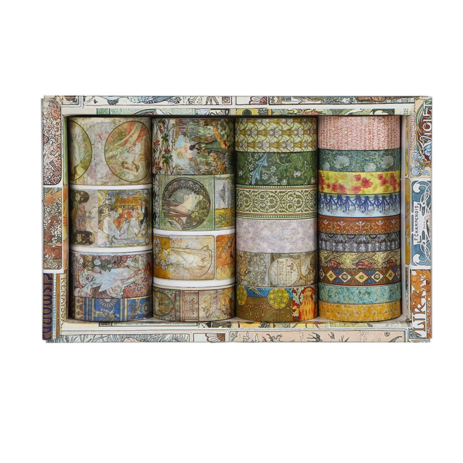 Vintage Washi Tape Set - 24 Rolls Arts Adhesive Tapes Assorted Retro Decorative Masking Tape Sets for Craft, Kids, Scrapbook, DIY, Gift Wrapping (1-Renaissance Dreams) - 10-Countryside Charm image number 4