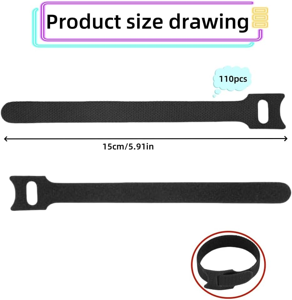110 Pcs Reusable Fixed Straps, Adjustable Hook and Ring Tissue Straps, Suitable for Home, Office and Data Center (Black) image number 4