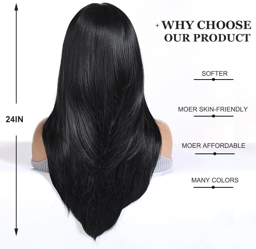 Esmee Long Straight Black Wigs for Women Synthetic Layered Brunette Synthetic Hair Wig with Fringes for Daily Party Cosplay Use 24 Inches image number 5