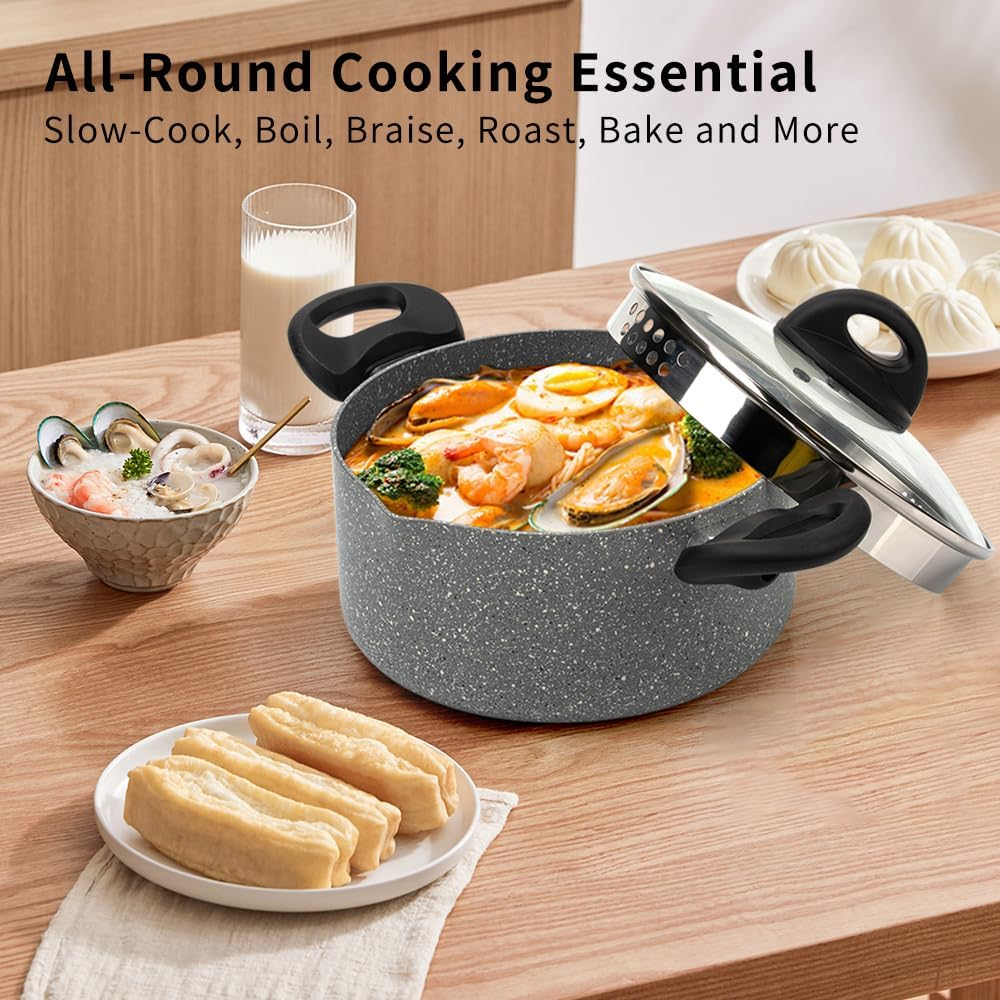 RELICE Non Stick Pot Cooking Stock Pots Saucepan Multipurpose Cast Cookware Set Pan with Strainer Glass Lid 4.4 Qt Two-Handled for Soup Noodle, Induction Comptable, PFOA Free 2025 New 24CM (4.2L)