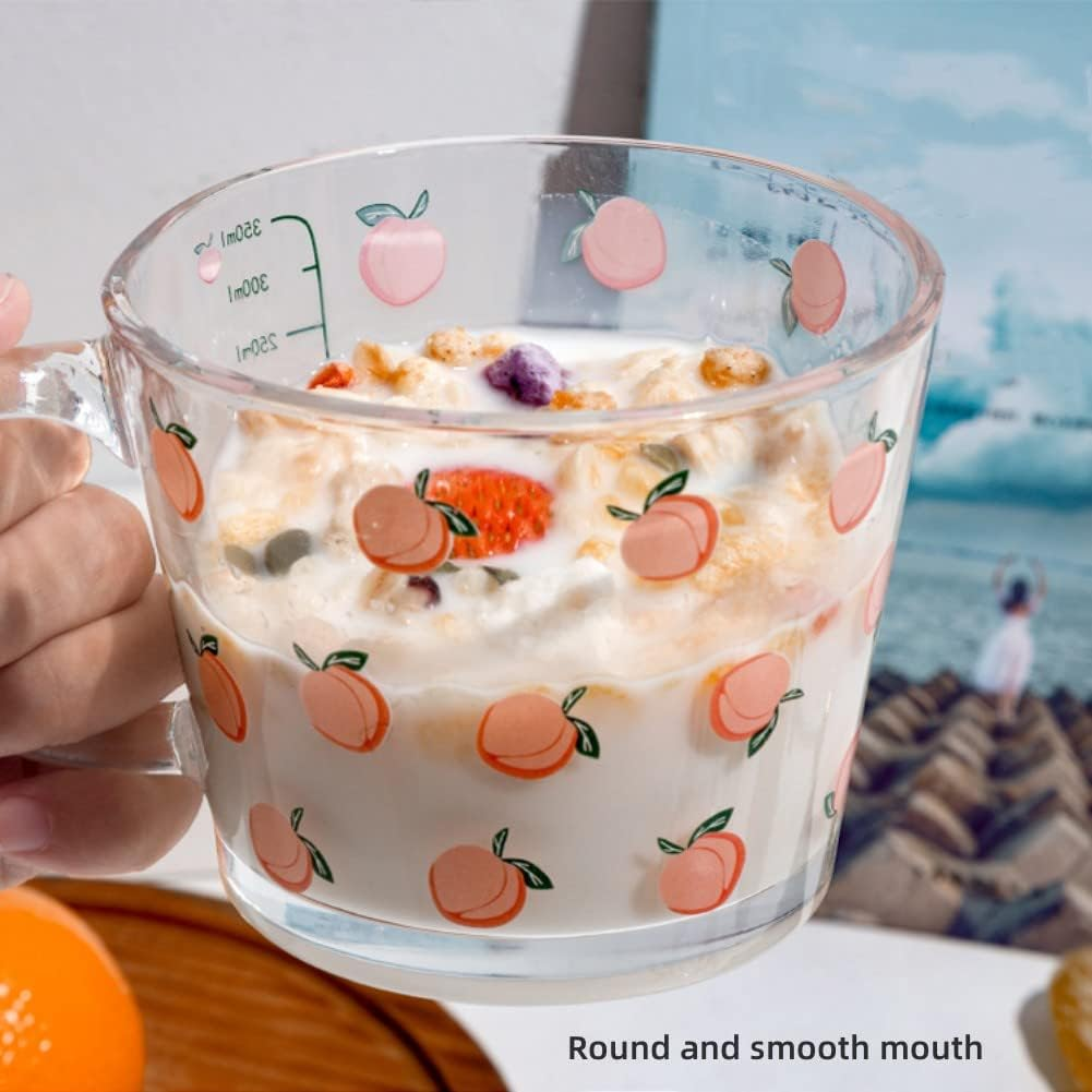 12 OZ Kawaii Mug Peach Glass Cup with Measurements,Glass Coffee Mug Cup with Handle for Coffee,Latte,Juice,Milk,Yogurt,Dessert,Tea,Breakfast Oatmeal Cup - Blue 1 image number 7