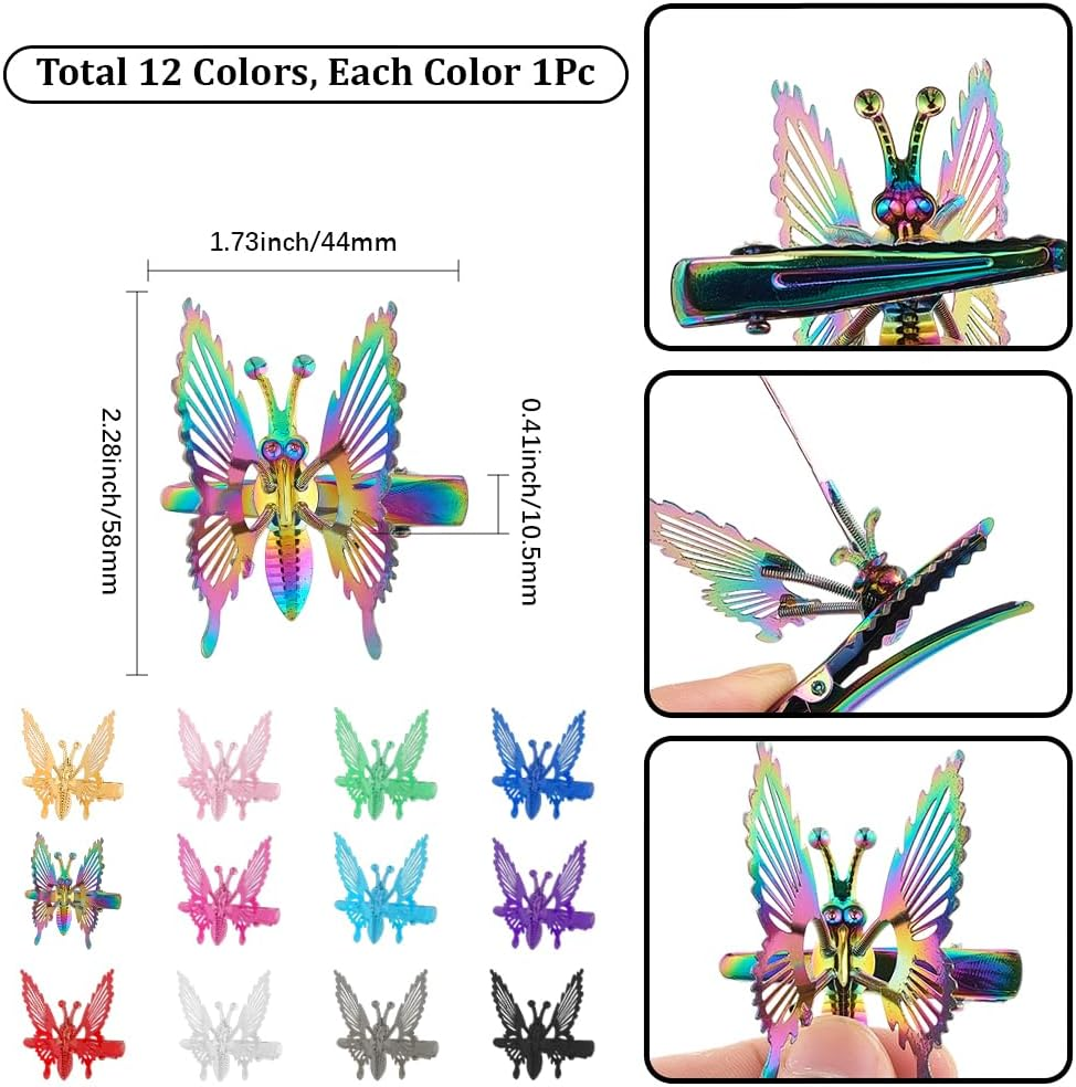 SOFPLATE Pack of 12 12 Colours Movable Butterfly Hair Clips Vintage Metal Alligator Hair Clips Retro 90S Butterfly Hair Accessories for Women Prom Wedding Daily Wear Daily Wear image number 3