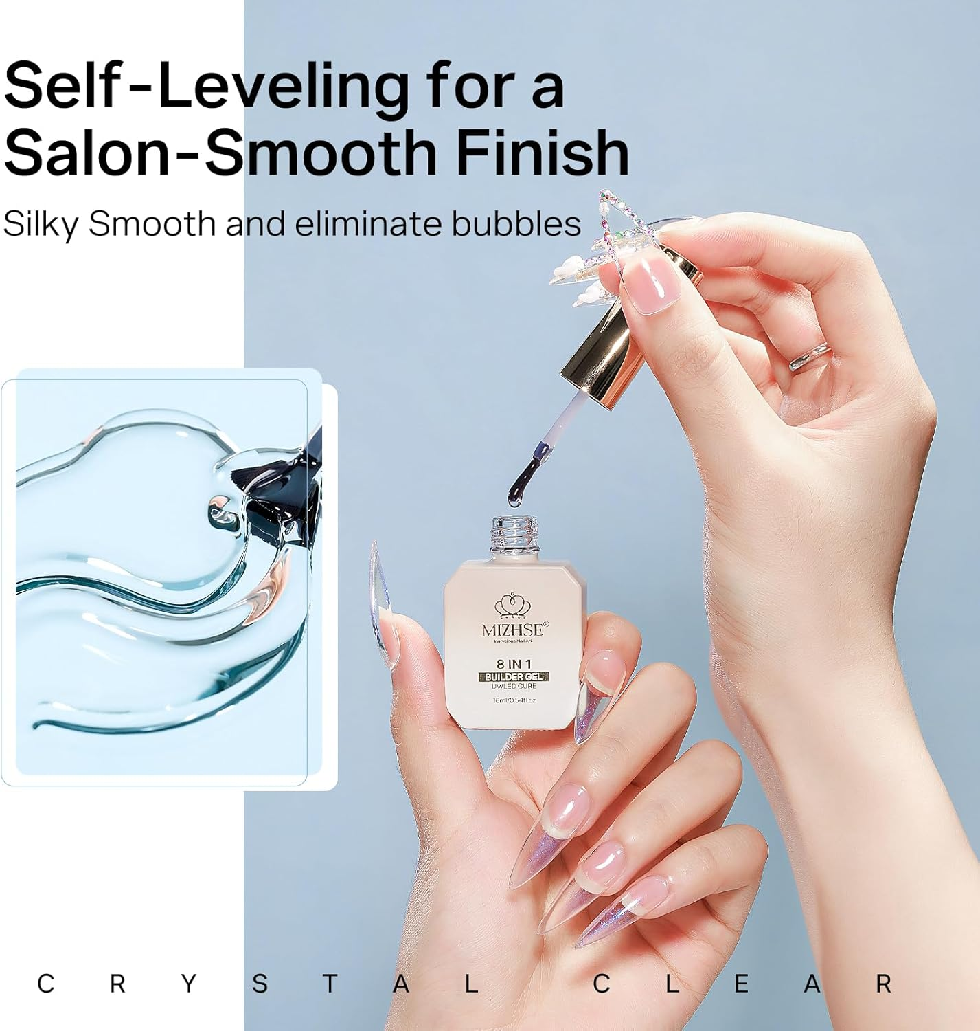 MIZHSE Builder Gel for Nails, 8-In-1 Clear Hard Builder Nail Gel Strengthener Gel Thickening Extension Rhinestone Glue in a Bottle for Nail Salon LED & U V Lamp Needed 16Ml image number 6