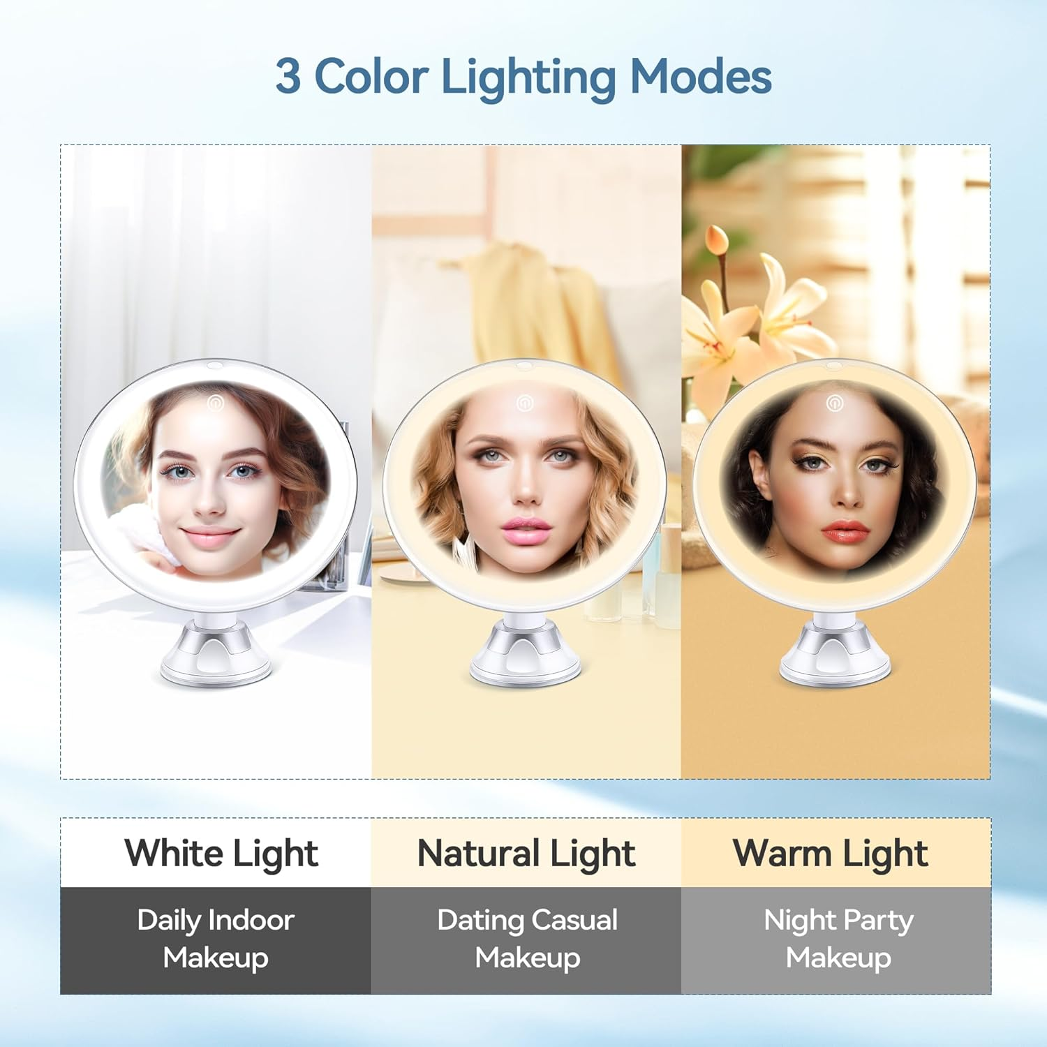 B Beauty Planet 2025 Upgraded Magnifying Mirror with Light, 20X Lighted Magnifying Mirror with Suction Cup and Tweezers, 3 Colors Vanity Mirrors, 360 Rotation, Makeup Mirrors with Lights 8 Inches image number 5