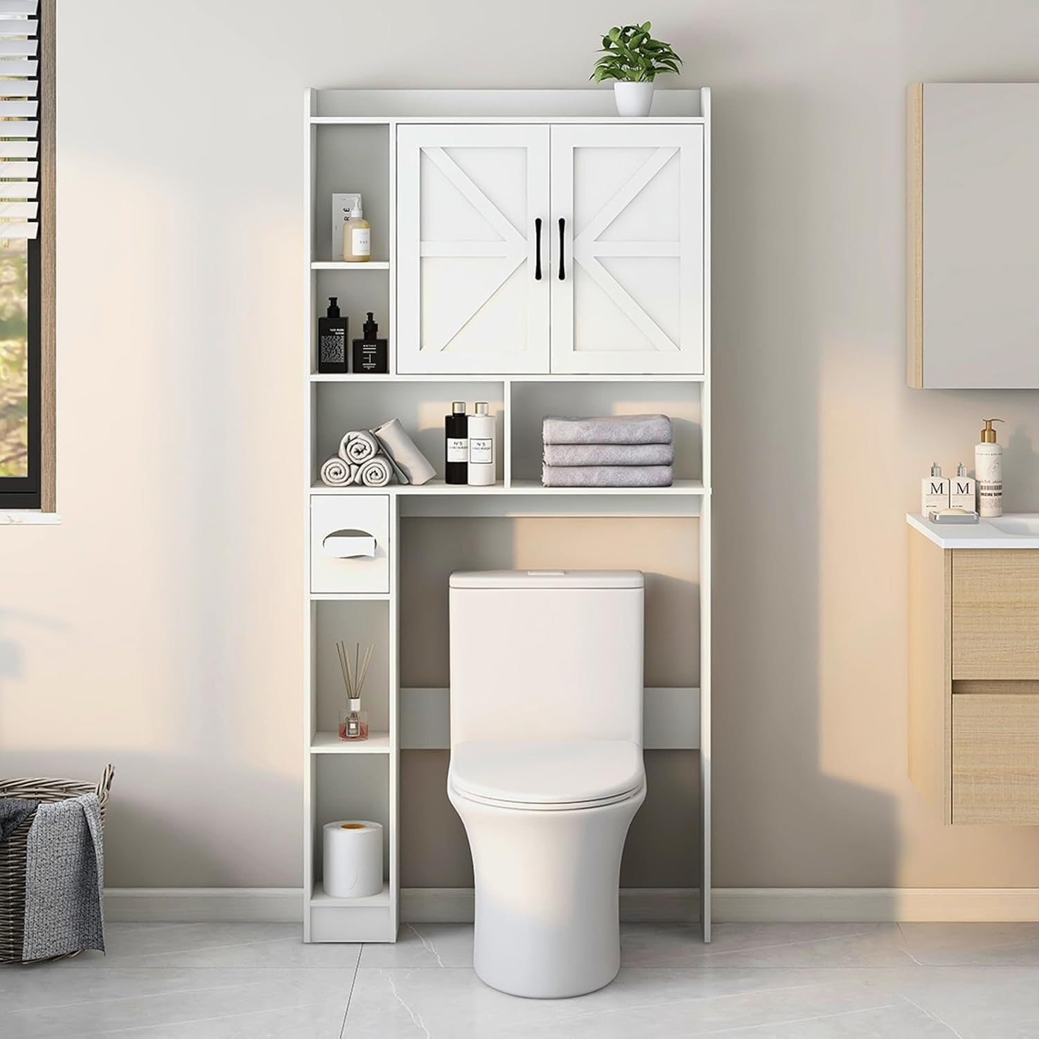 Lumoti Grey over the Toilet Storage Cabinet, Multi-Tier Bathroom Shelf over Toilet with Tissue Holder and Doors, Space Saver Bathroom Cabinet for Laundry Room Restroom