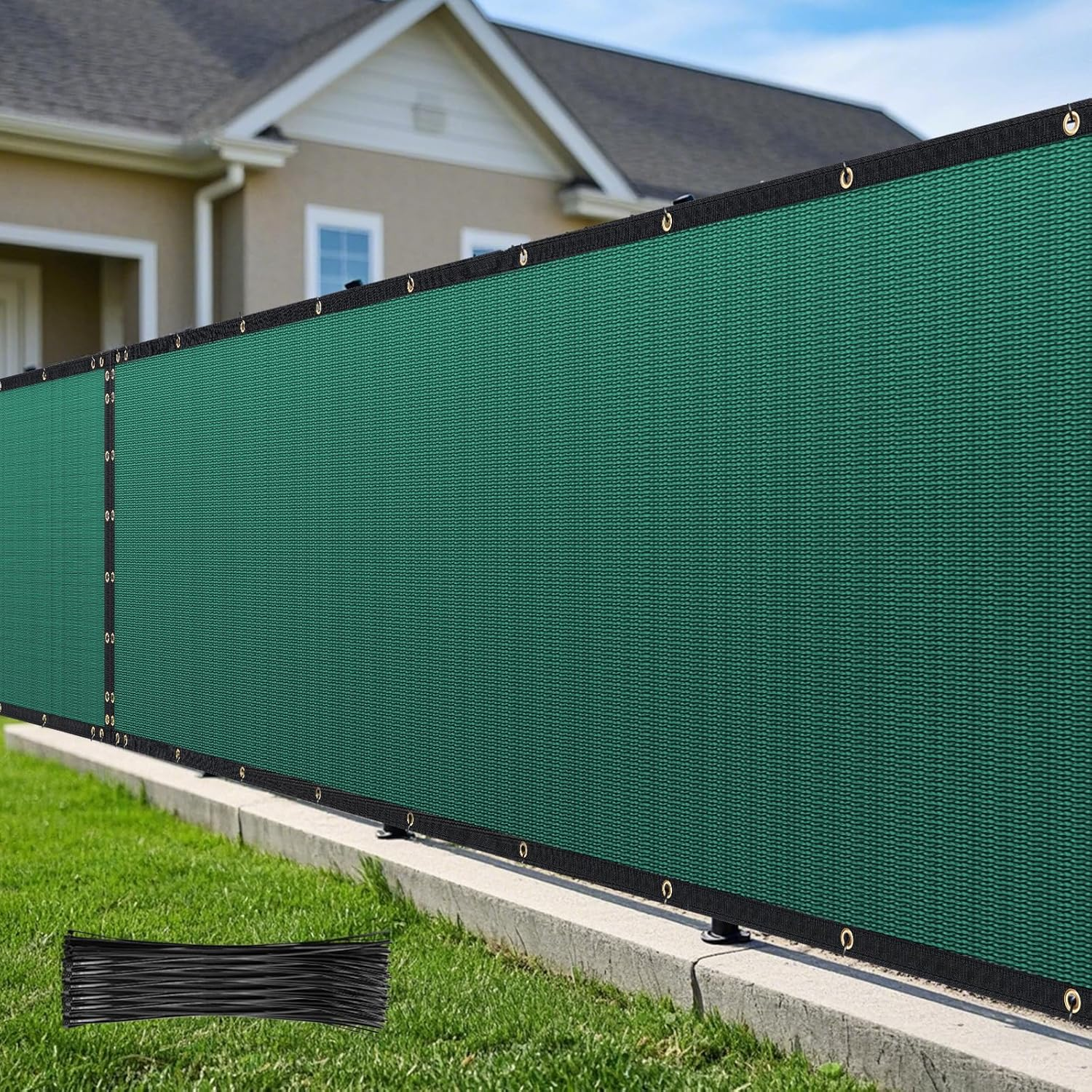 6' X 50' Heavy Duty Privacy Screen Fence, 90% Blockage Green Mesh Shade Net Cover with Brass Grommets for Garden, Yard, Wall, Backyard - Includes 75 Zip Ties (6' X 50', Green)
