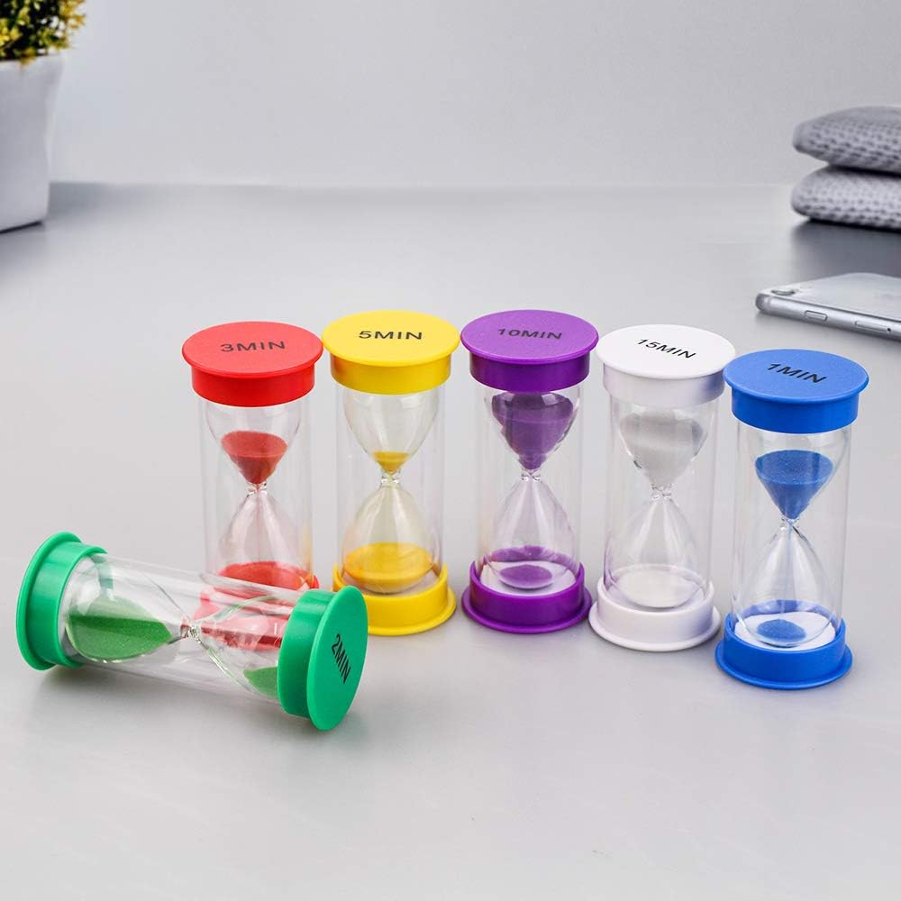 EMDMAK Sand Timer, Acrylic Hourglass Colorful Sandglass Timer 1 Min/2 Mins/3 Mins/5 Mins/10 Mins/15 Mins Sand Clock Timer for Games Classroom Home Office(Pack of 6) image number 4
