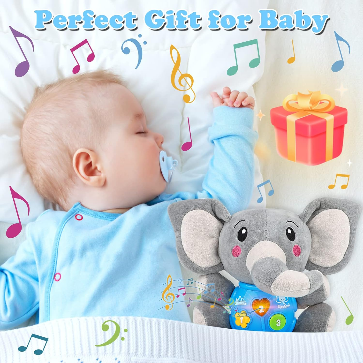 Plush Musical Baby Toys, Cute Elephant Stuffed Animal Infants Toys for 3-6-12 Months Boys & Girls & 0-6 Months Baby Stuff, Newborn Boys Gift,Infant Light Music Time,Baby Music Toys image number 3