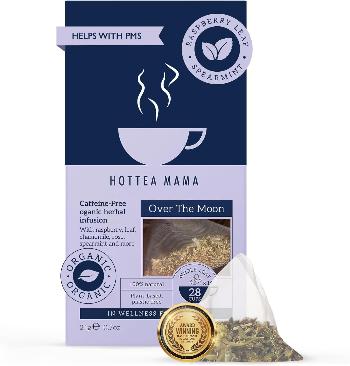 HOTTEA MAMA | over the Moon | Period Support Tea with Dandelion Root, Spearmint, Raspberry Leaf, Rose, Chamomile | 14 Whole Leaf Biodegradable Bags