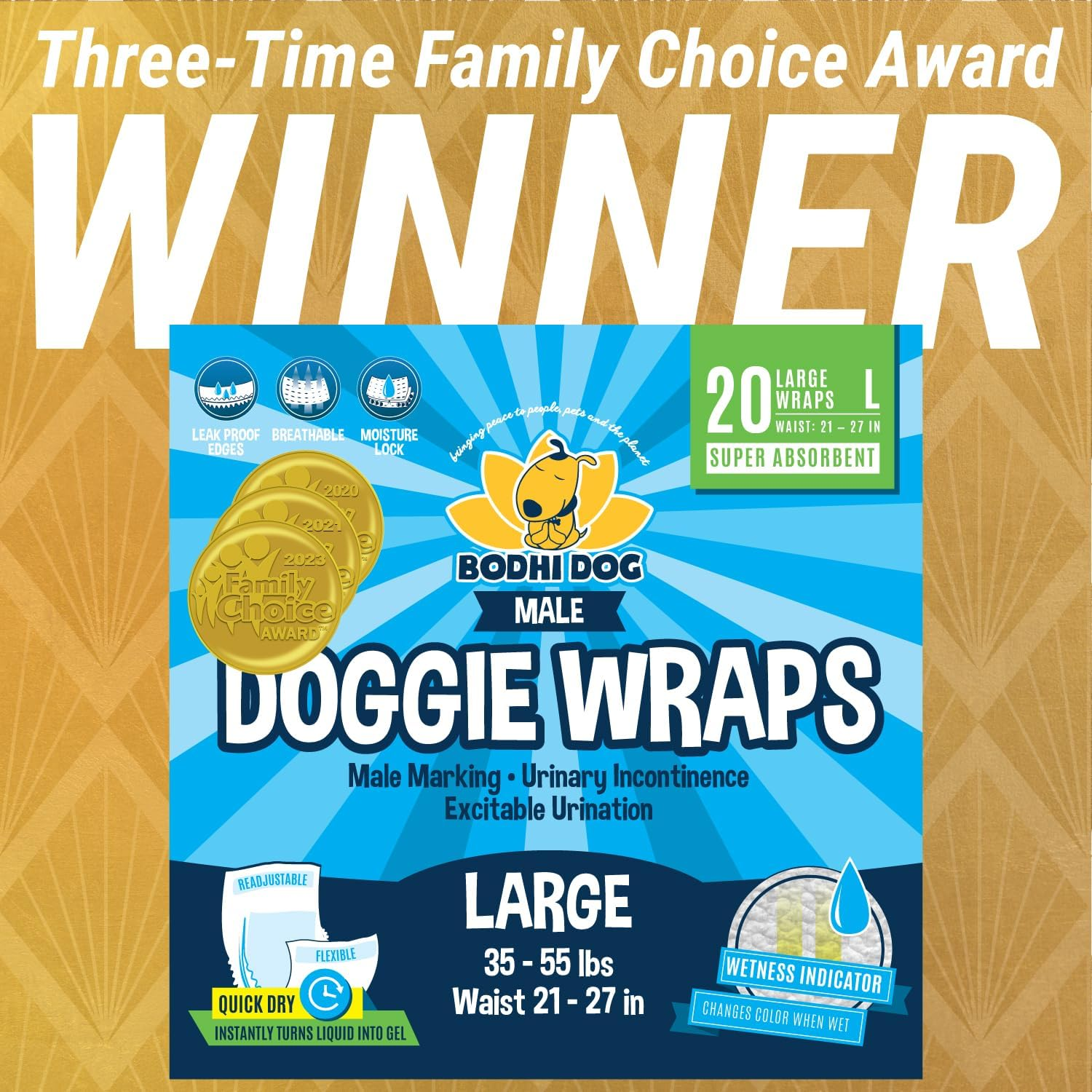 Bodhi Dog Disposable Male Dog Diapers - Super Absorbent, Leak-Proof Pee Wraps - Adjustable Fit, Comfortable Design, Advanced Moisture Control, and Wetness Indicator - Large (20 Count) image number 3
