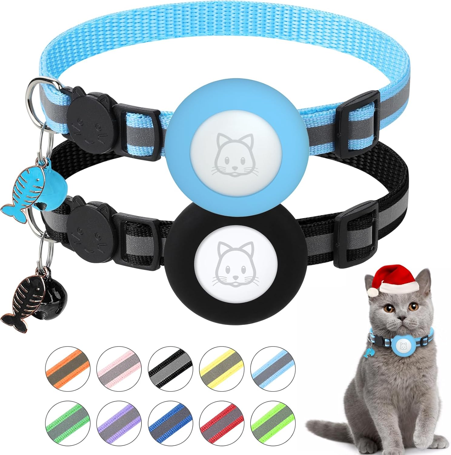 Simplethings Airtag Cat Collar, Air Tag Collar with Bell and Safety Buckle in 3/8'' Width, Reflective Waterproof Holder Compatible Apple for Dog Kitten Puppy (Black+Blue)