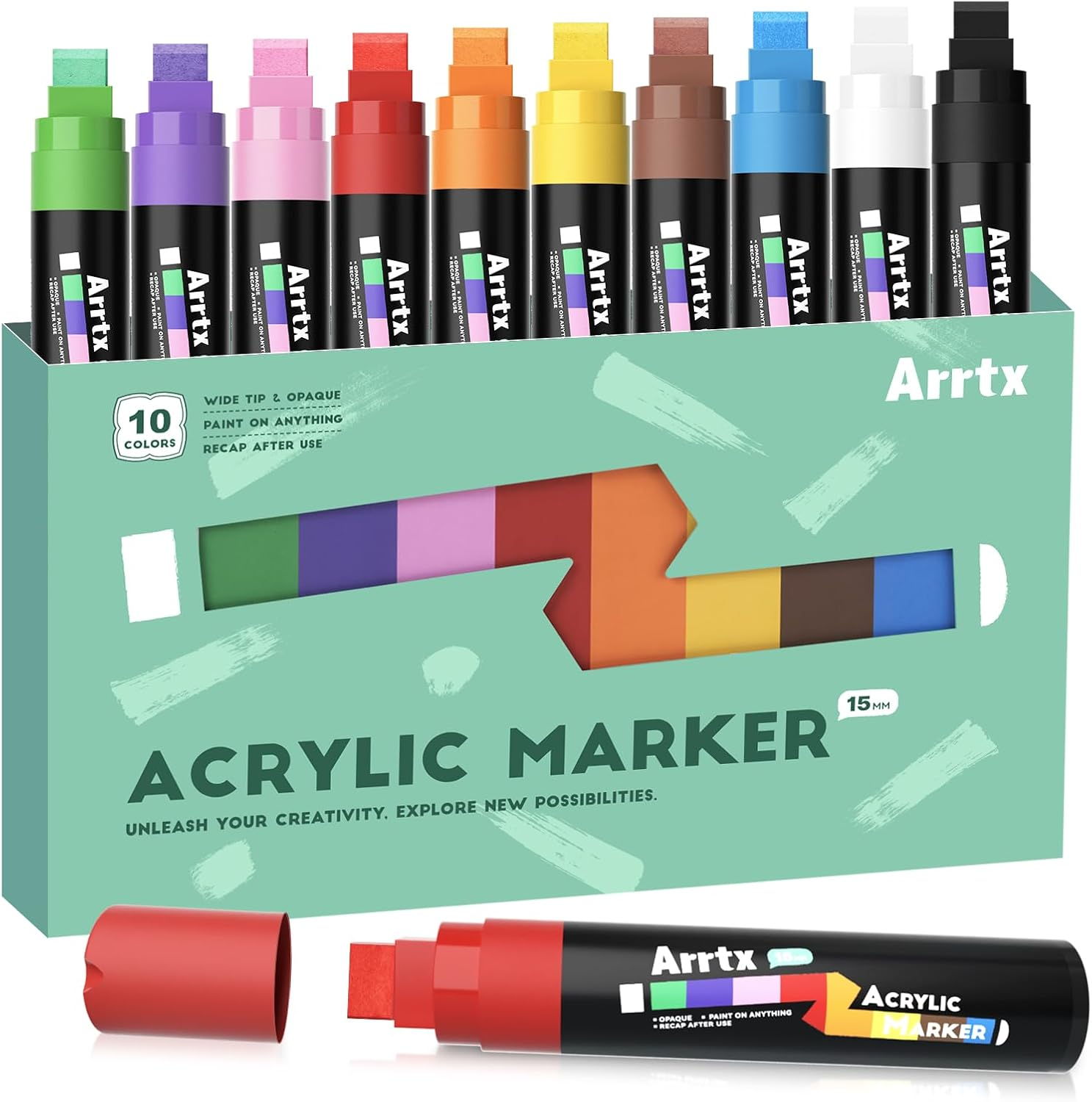 Arrtx Acrylic Jumbo Markers 15Mm Jumbo Felt Tip, 10 Acrylic Paint Pens for Rock Painting, Stone, Glass, Easter Egg, Wood and Fabric Painting-Acrylic Markers DIY Crafts Making Art Supplies image number 6