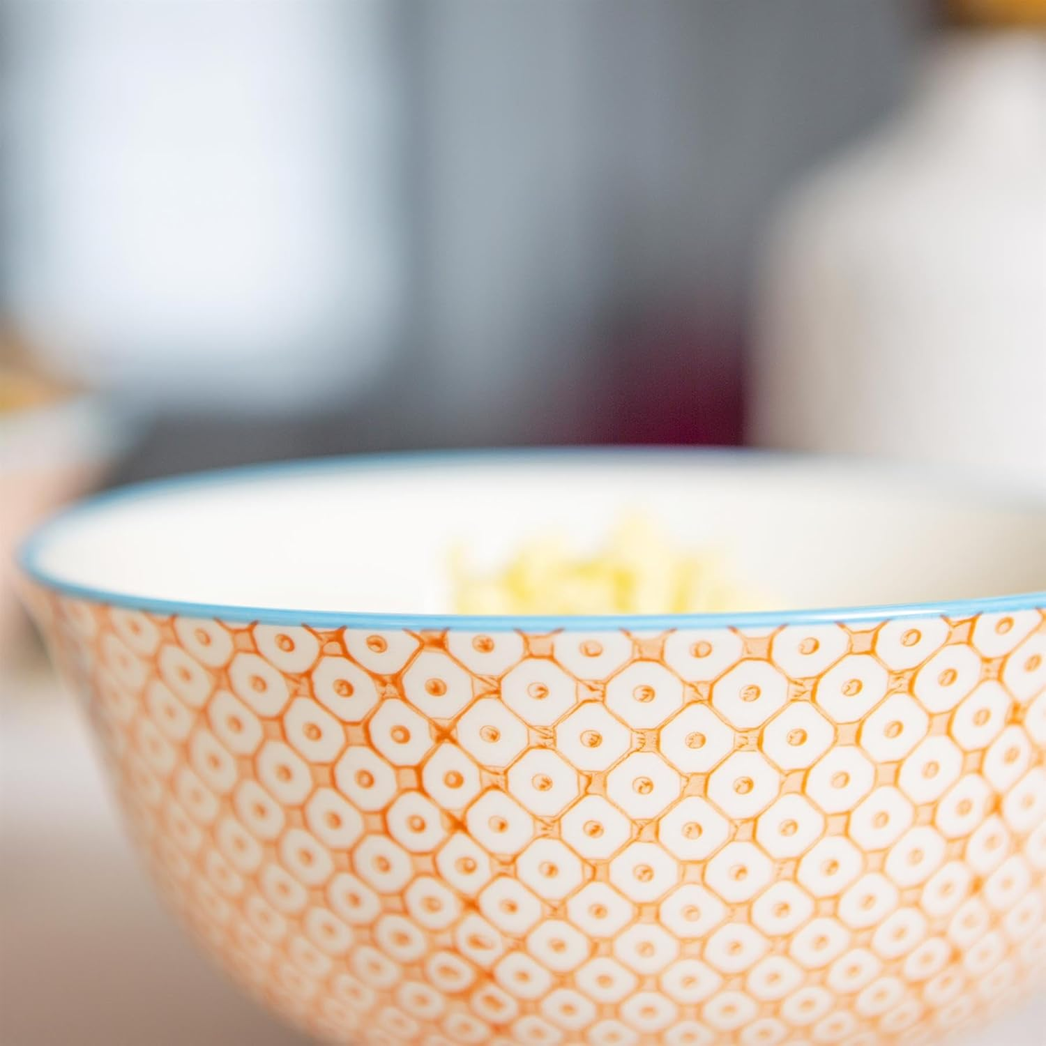 Nicola Spring Patterned Cereal Bowls - Orange - 16Cm - Pack of 6 - Hand Printed Japanese Style Porcelain Serving Bowls for Dessert, Pasta, Cereal, Salad, Noodles, Soup image number 2