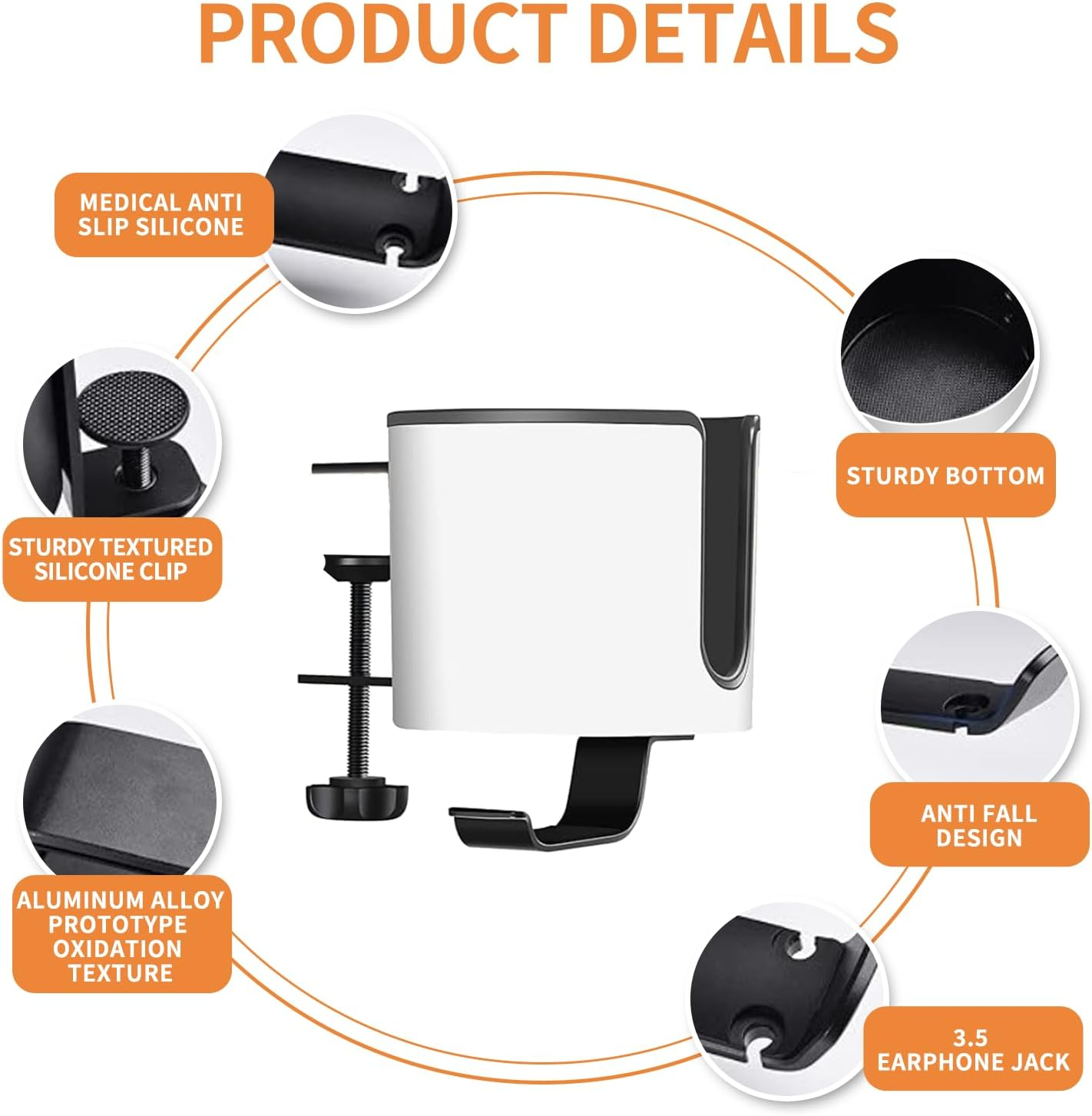 Desk Cup Holder Luxury 2-In-1 Anti-Spill Cup Holder with under Desk Headphone Hanger Holder with Durable Clamp on Desk Organizer (White) image number 1